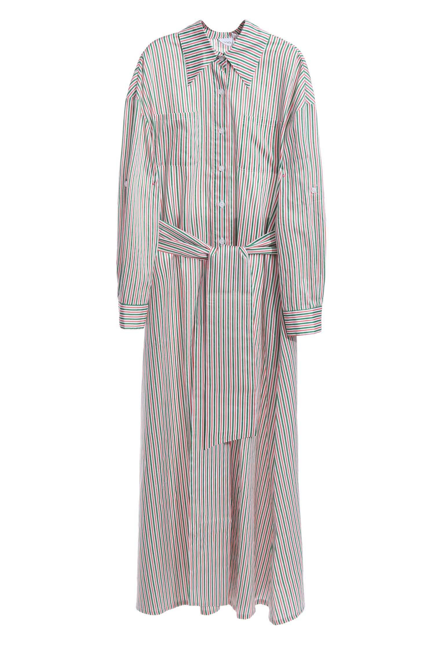 Red & Green Pinstripe Shirt DressColored striped shirt long dress,Dresses,Queen,Season (SS) Look,Stripe,iROO LIVE,Belts,Blouses,Maxi dresses,Long shirts