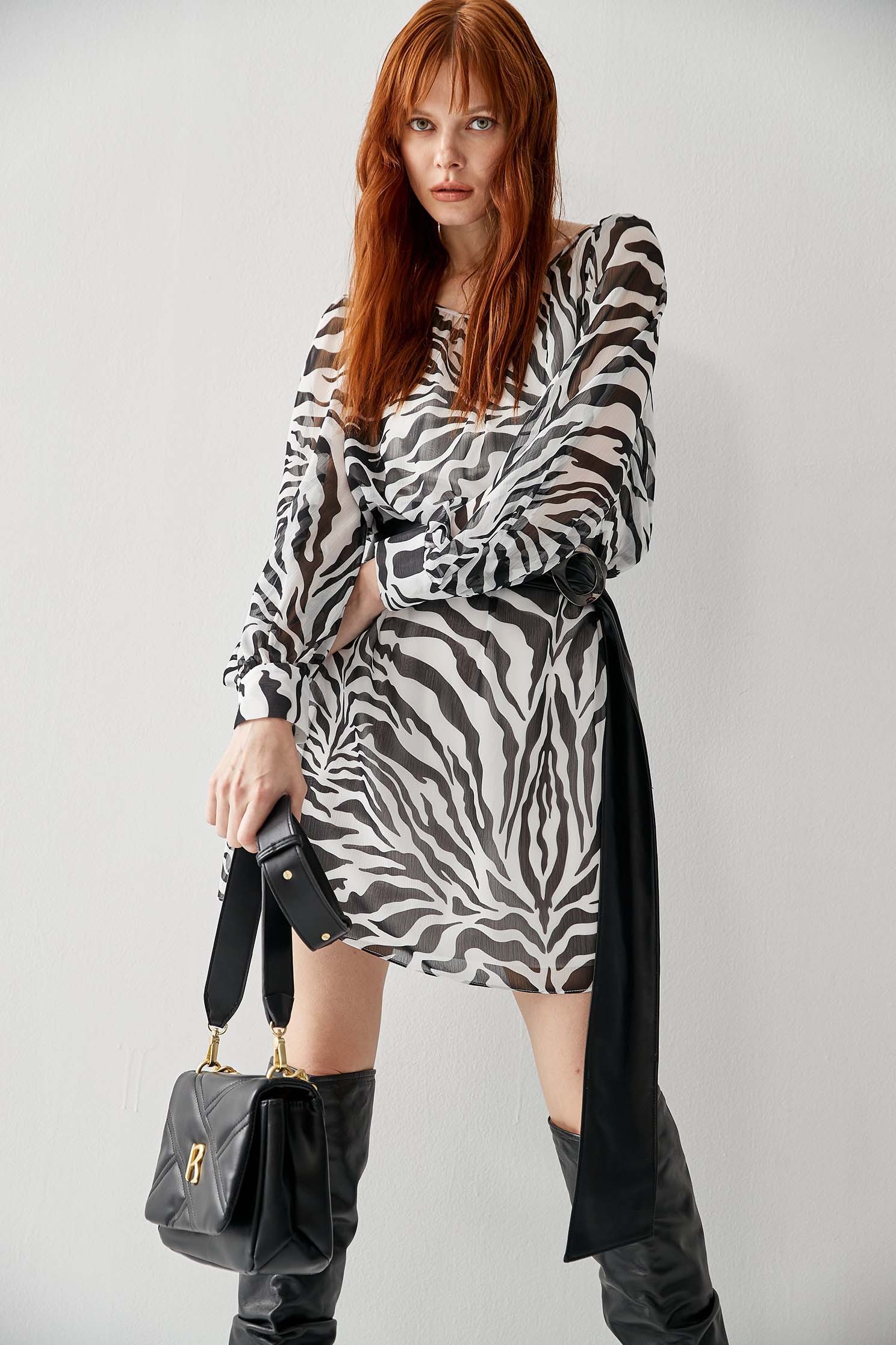Zebra Print Chiffon DressChiffon dress with zebra print,Chiffon dresses,Season (AW) Look,Thin straps,Belts,Long sleeve dresses,Chiffon,Chiffon dresses
