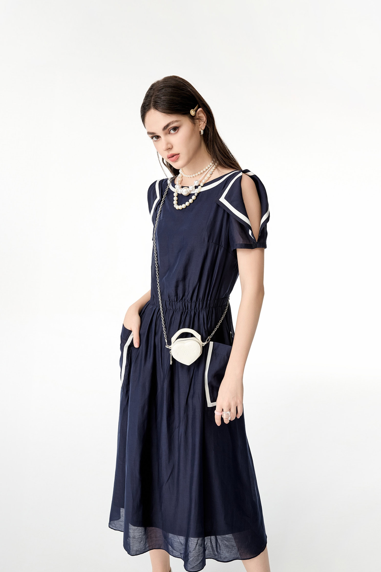 Contrst Trim Midnight Blue Midi DressContrst Trim Midnight Blue Midi Dress,Dresses,Season (SS) Look
