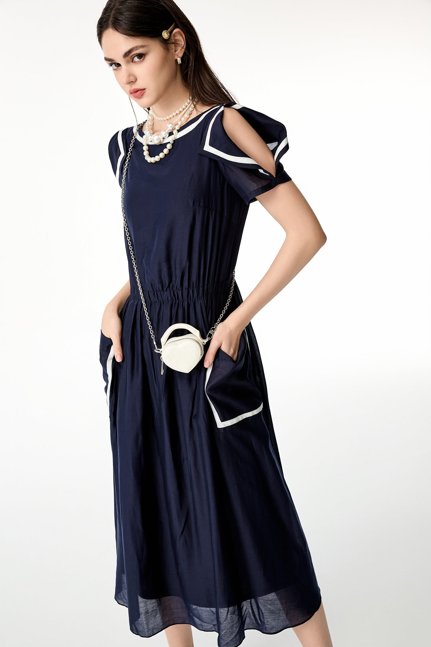 Contrst Trim Midnight Blue Midi DressContrst Trim Midnight Blue Midi Dress,Dresses,Season (SS) Look