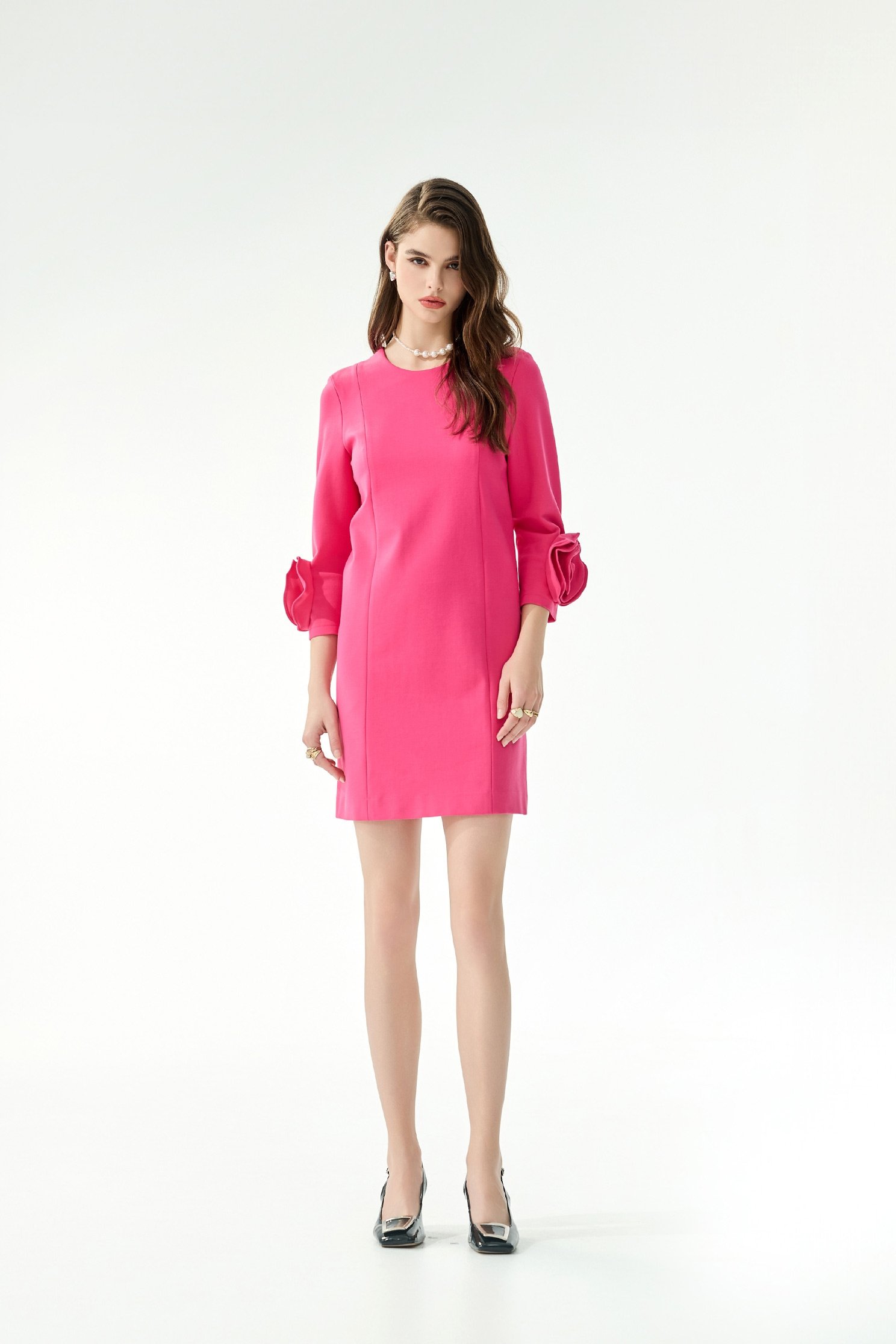 3-D Floral Sleeve Cuff Detail Shift Dress3-D Floral Sleeve Cuff Detail Shift Dress,Dresses,Season (SS) Look,simple outfits,Black dresses