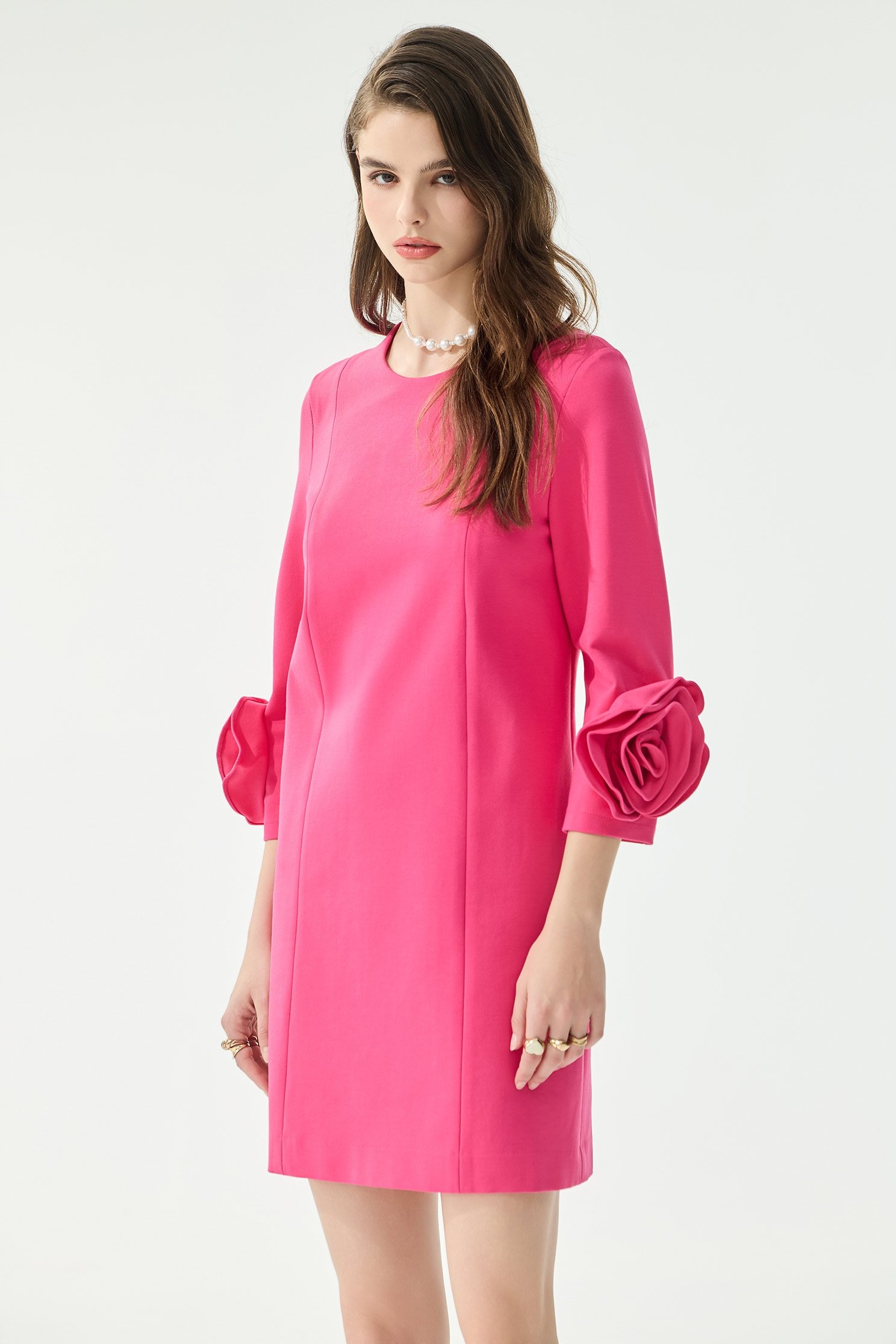 3-D Floral Sleeve Cuff Detail Shift Dress3-D Floral Sleeve Cuff Detail Shift Dress,Dresses,Season (SS) Look,simple outfits,Black dresses