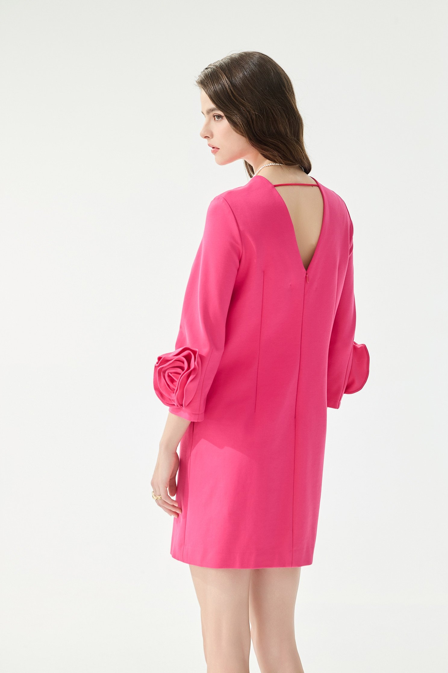 3-D Floral Sleeve Cuff Detail Shift Dress3-D Floral Sleeve Cuff Detail Shift Dress,Dresses,Season (SS) Look,simple outfits,Black dresses