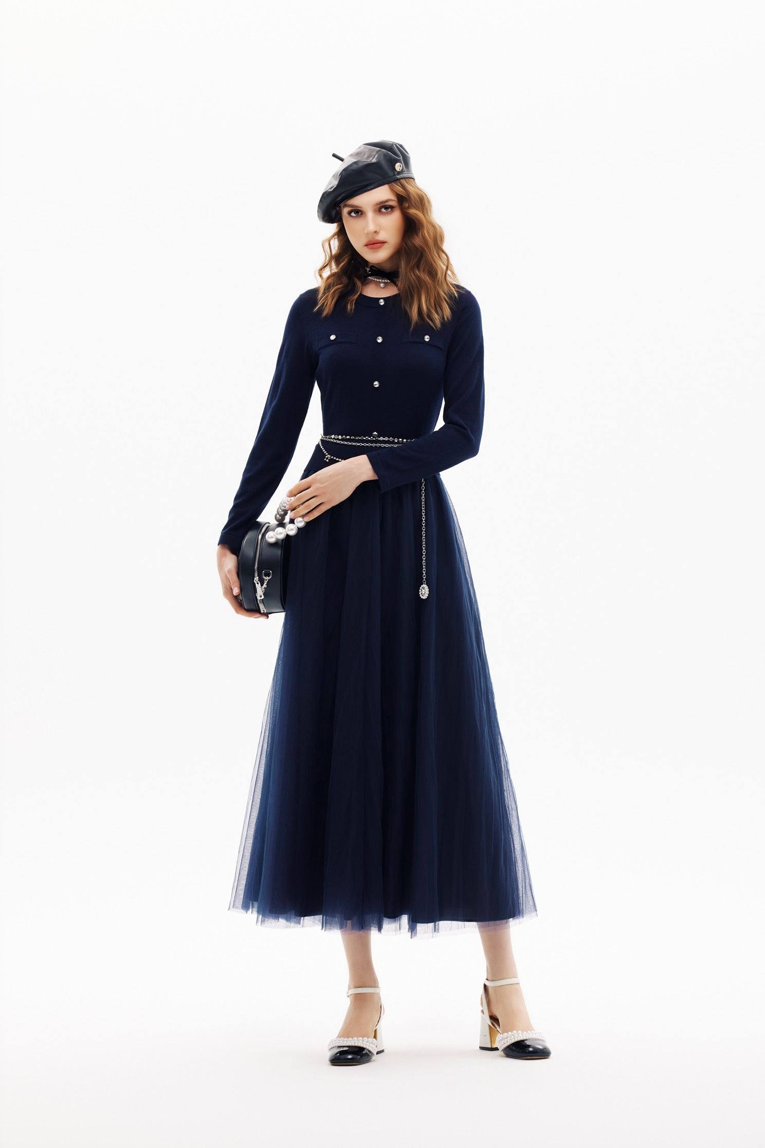 Navy Contrast Mesh Skirt Knit DressNavy Contrast Mesh Skirt Knit Dress,Dresses,Season (SS) Look,Mesh fabric,Knitted