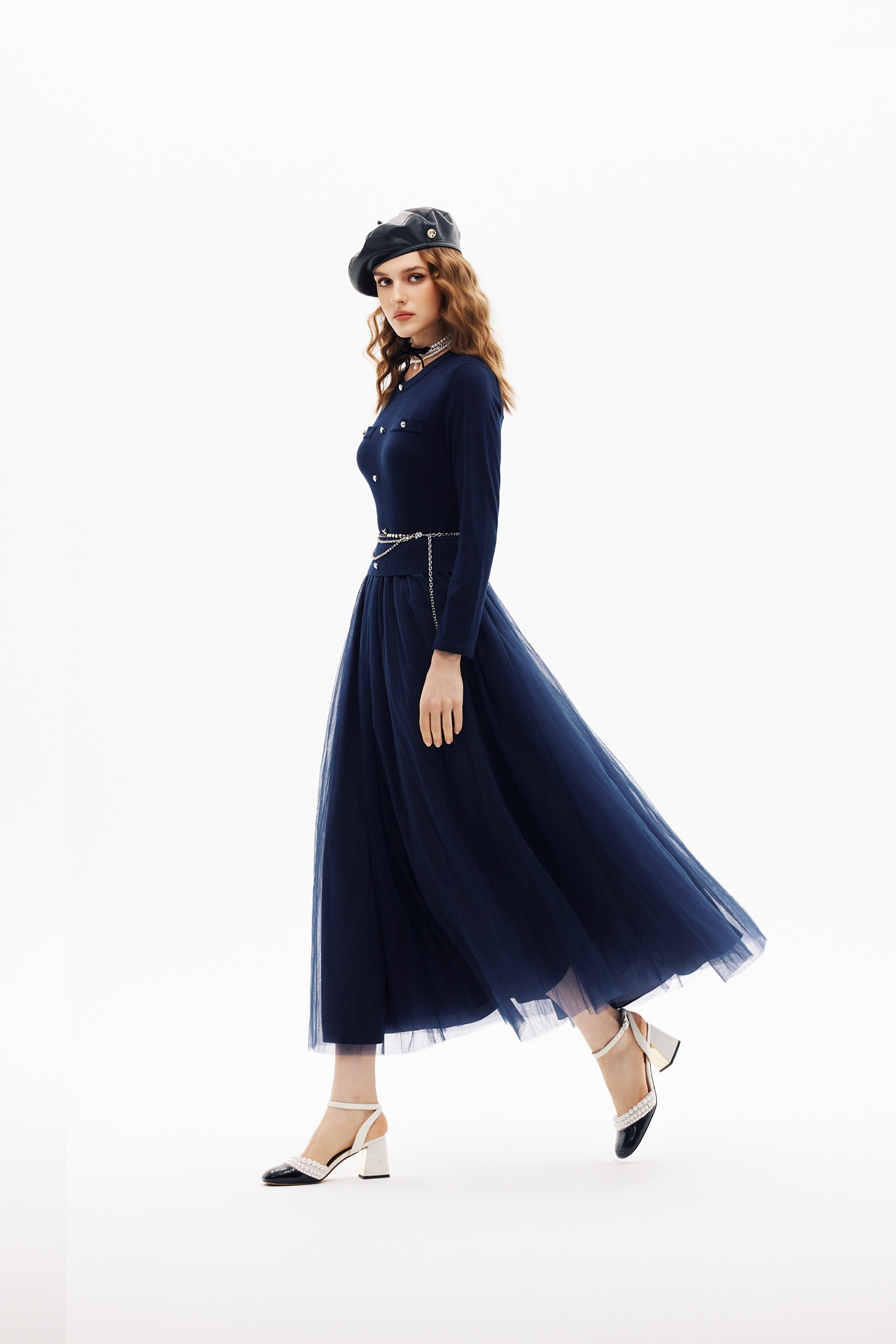 Navy Contrast Mesh Skirt Knit DressNavy Contrast Mesh Skirt Knit Dress,Dresses,Season (SS) Look,Mesh fabric,Knitted