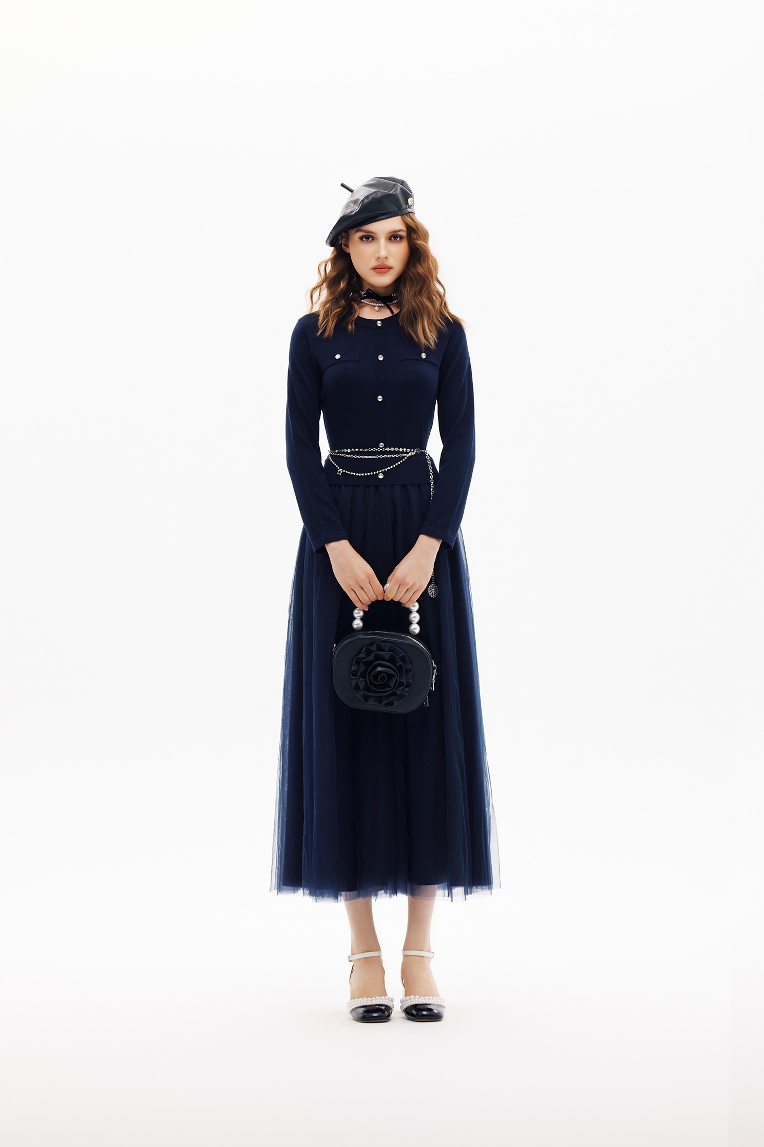 Navy Contrast Mesh Skirt Knit DressNavy Contrast Mesh Skirt Knit Dress,Dresses,Season (SS) Look,Mesh fabric,Knitted