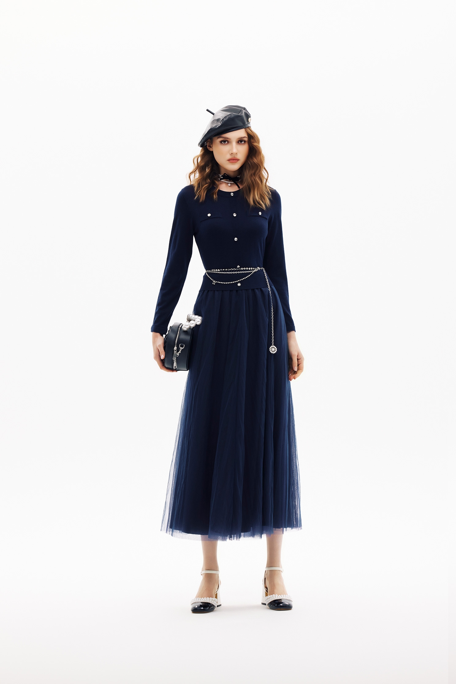 Navy Contrast Mesh Skirt Knit DressNavy Contrast Mesh Skirt Knit Dress,Dresses,Season (SS) Look,Mesh fabric,Knitted