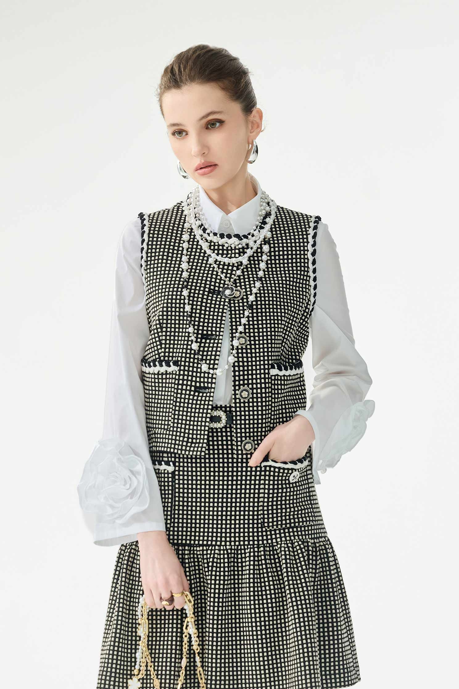 Braided Trim Detail Plaid VestBraided Trim Detail Plaid Vest,Jackets,sleeveless tops,Outerwear,Season (SS) Look,sleeveless tops