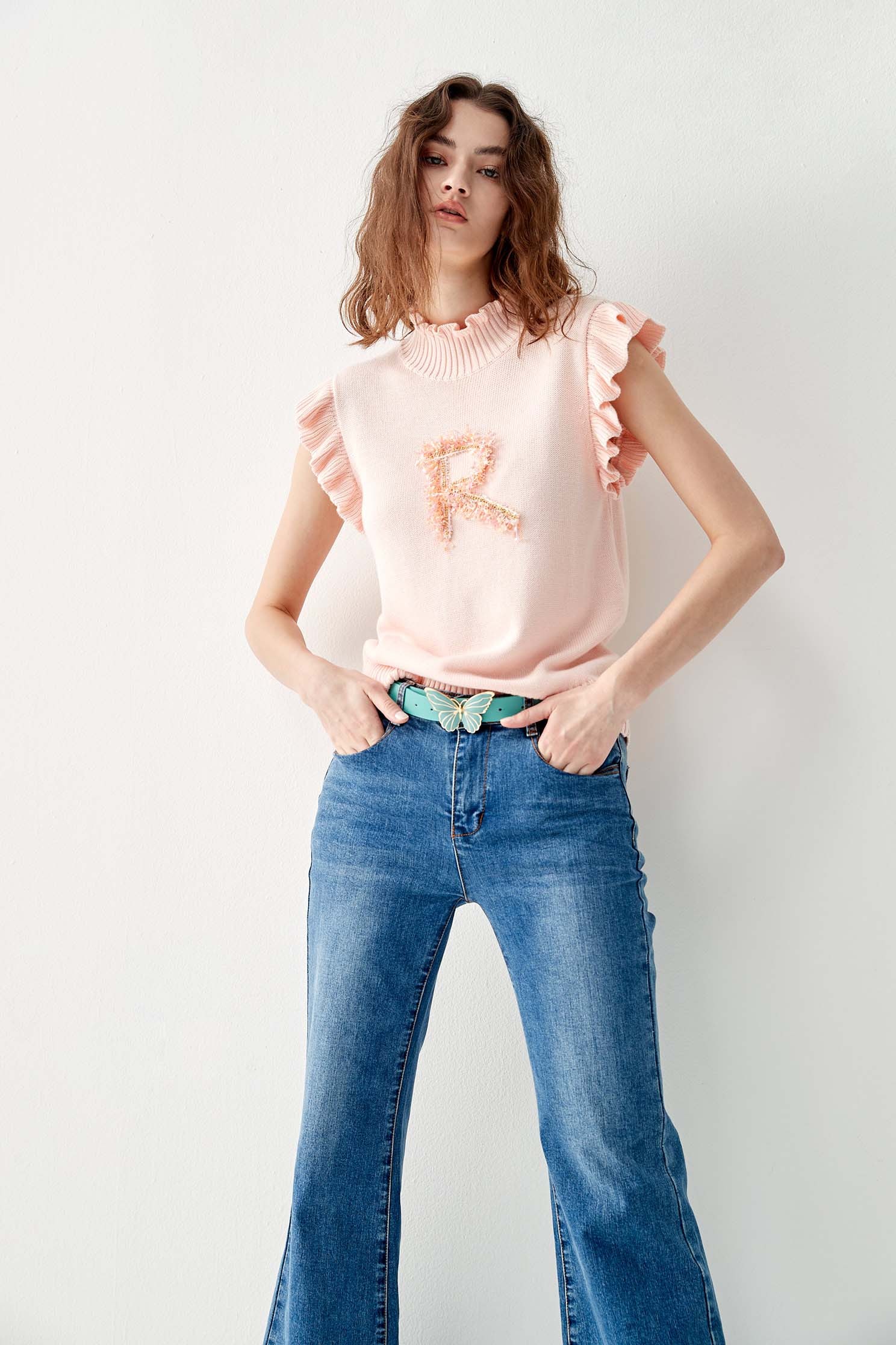 Pink Turtle Neck Knit Vest With R Logoknitted top with letter,sleeveless tops,Tops,Season (AW) Look,Pink,Knitted,Knitted tops