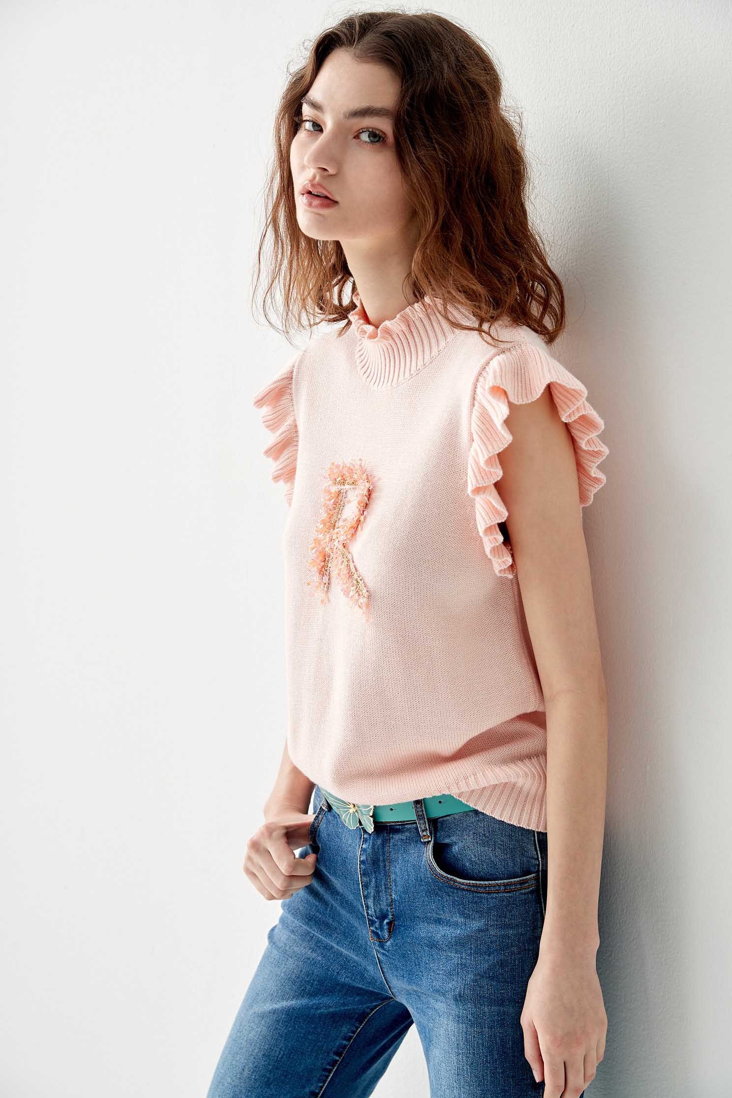 Pink Turtle Neck Knit Vest With R Logoknitted top with letter,sleeveless tops,Tops,Season (AW) Look,Pink,Knitted,Knitted tops