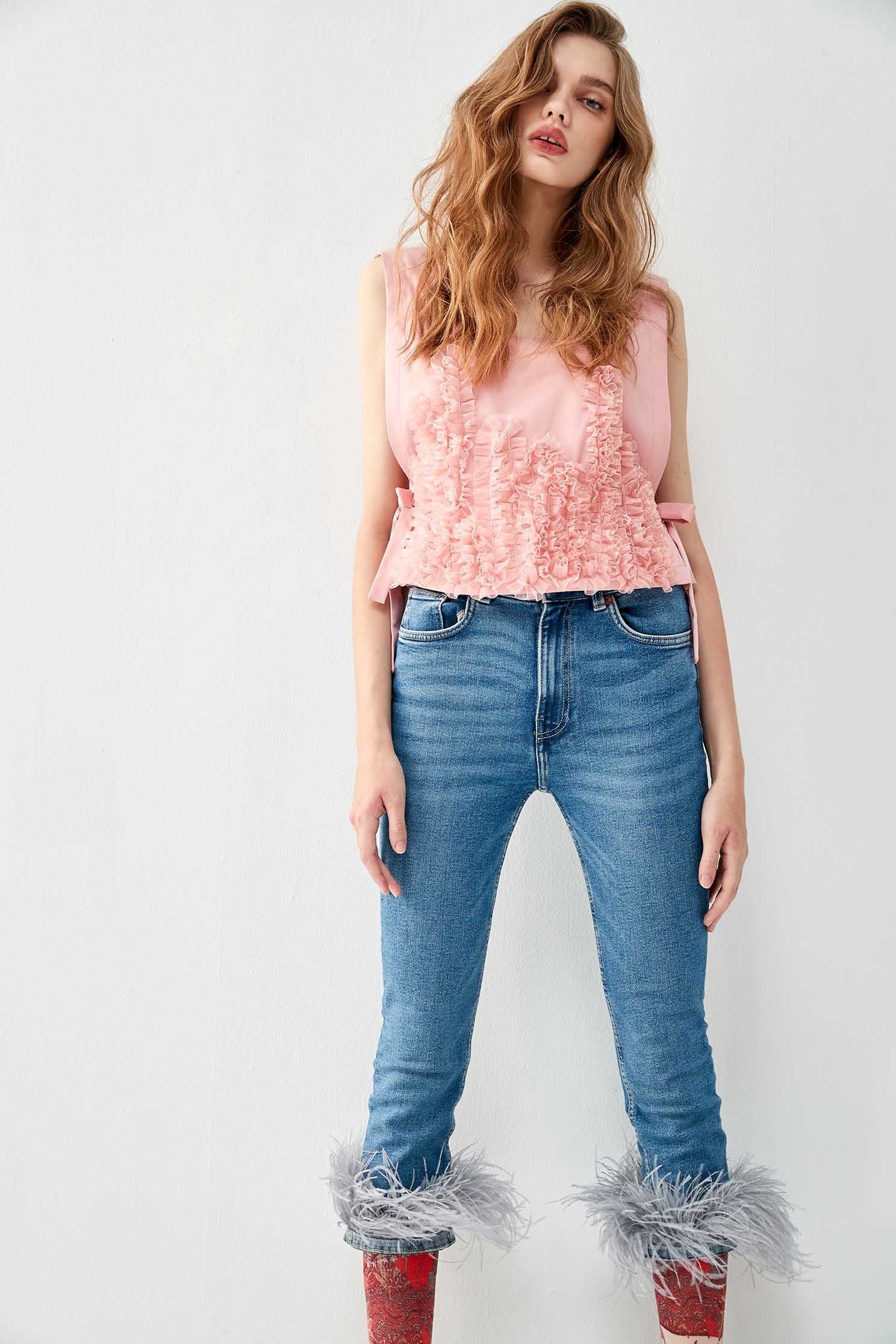 Front Pleated Ruffle Detail VestFront Pleated Ruffle Detail Vest,sleeveless tops,Tops,Season (AW) Look,Mesh fabric,sleeveless tops,bows