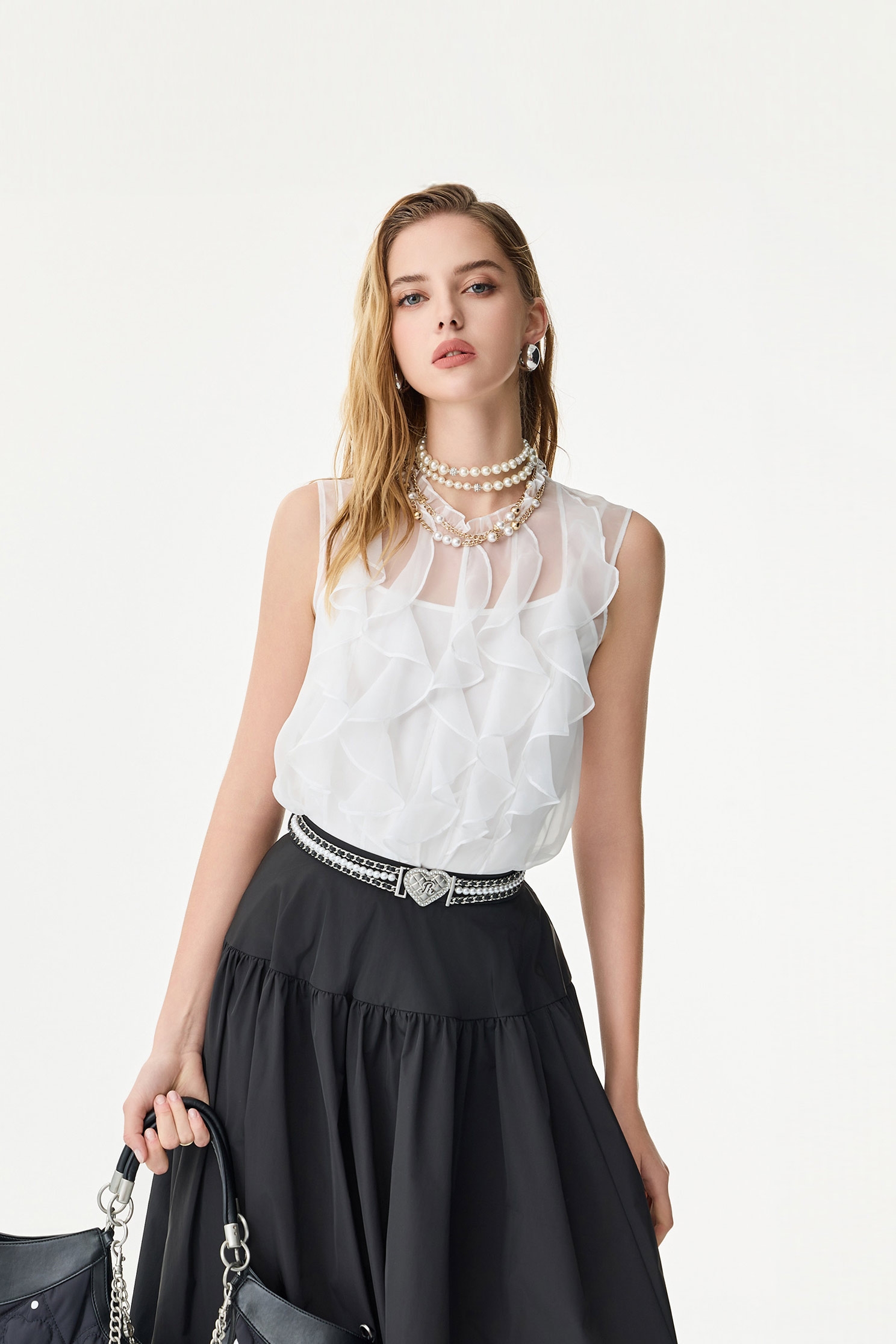 Front Ruffle Organza VestFront Ruffle Organza Vest,sleeveless tops,Under shirts,Season (SS) Look,White tops,sleeveless tops