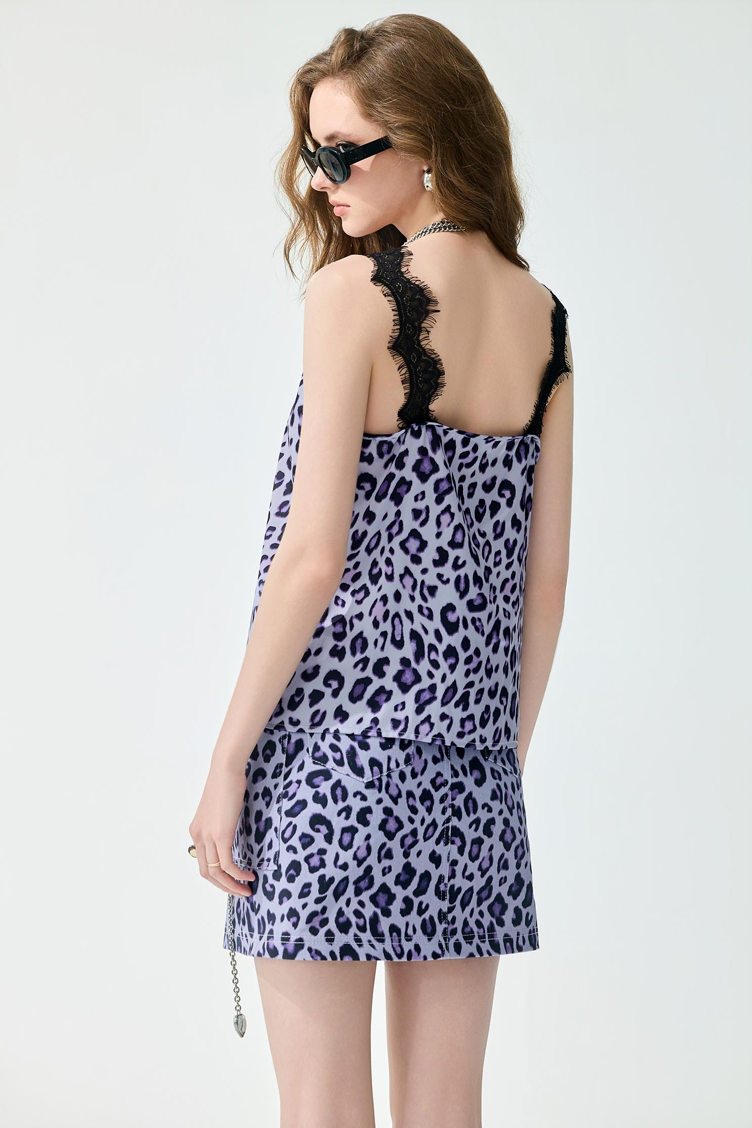 Leopard Print Purple Lace Trim VestLeopard Print Purple Lace Trim Vest,sleeveless tops,Season (SS) Look,sleeveless tops,Lace,Chiffon