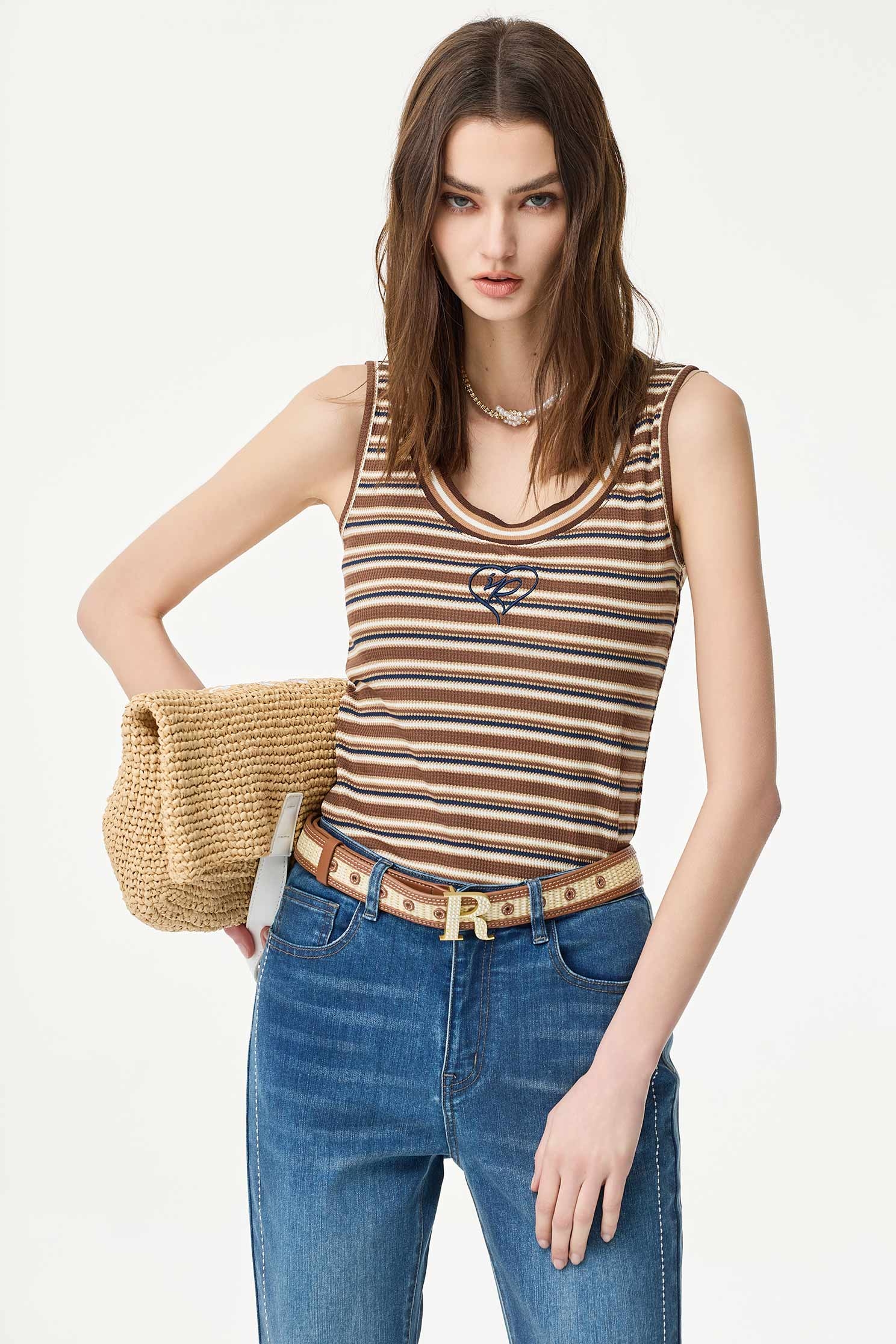 Brown Stripe Tank TopBrown Stripe Tank Top,sleeveless tops,Stripe,Season (AW) Look,Embroidered,sleeveless tops