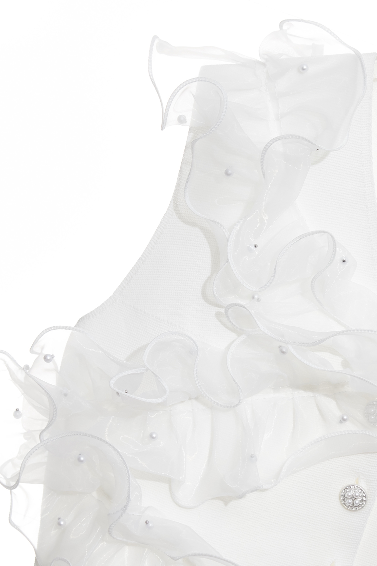 3-D Floral Organza Detail Knit Vest3-D Floral Organza Detail Knit Vest,sleeveless tops,Season (SS) Look,pearl,White tops,sleeveless tops,Knitted,Knitted tops