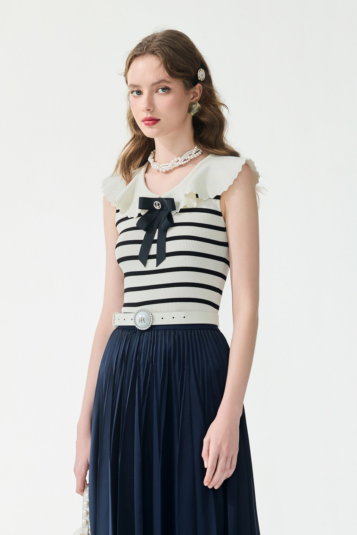 Navy Bow Stripe Knit VestNavy Bow Stripe Knit Vest,sleeveless tops,Tops,Season (SS) Look,sleeveless tops,bows,Knitted,Knitted tops