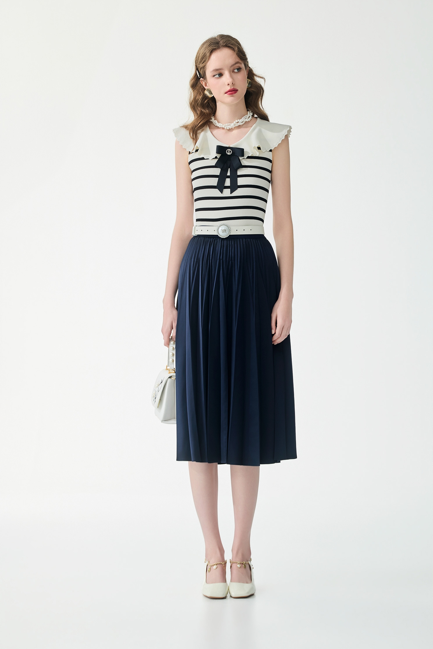 Navy Bow Stripe Knit VestNavy Bow Stripe Knit Vest,sleeveless tops,Tops,Season (SS) Look,sleeveless tops,bows,Knitted,Knitted tops