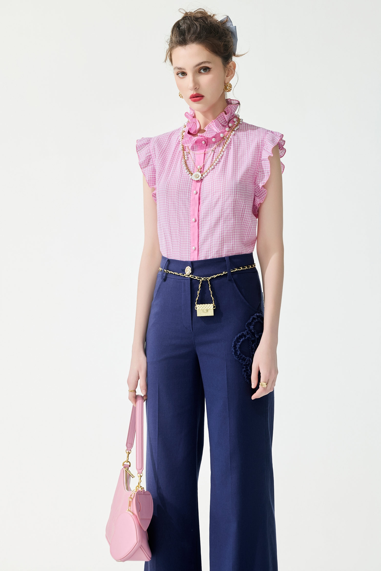 Ruffle Paid VestRuffle Paid Vest,sleeveless tops,Tops,Season (SS) Look,Plaid,pearl,sleeveless tops,Lace