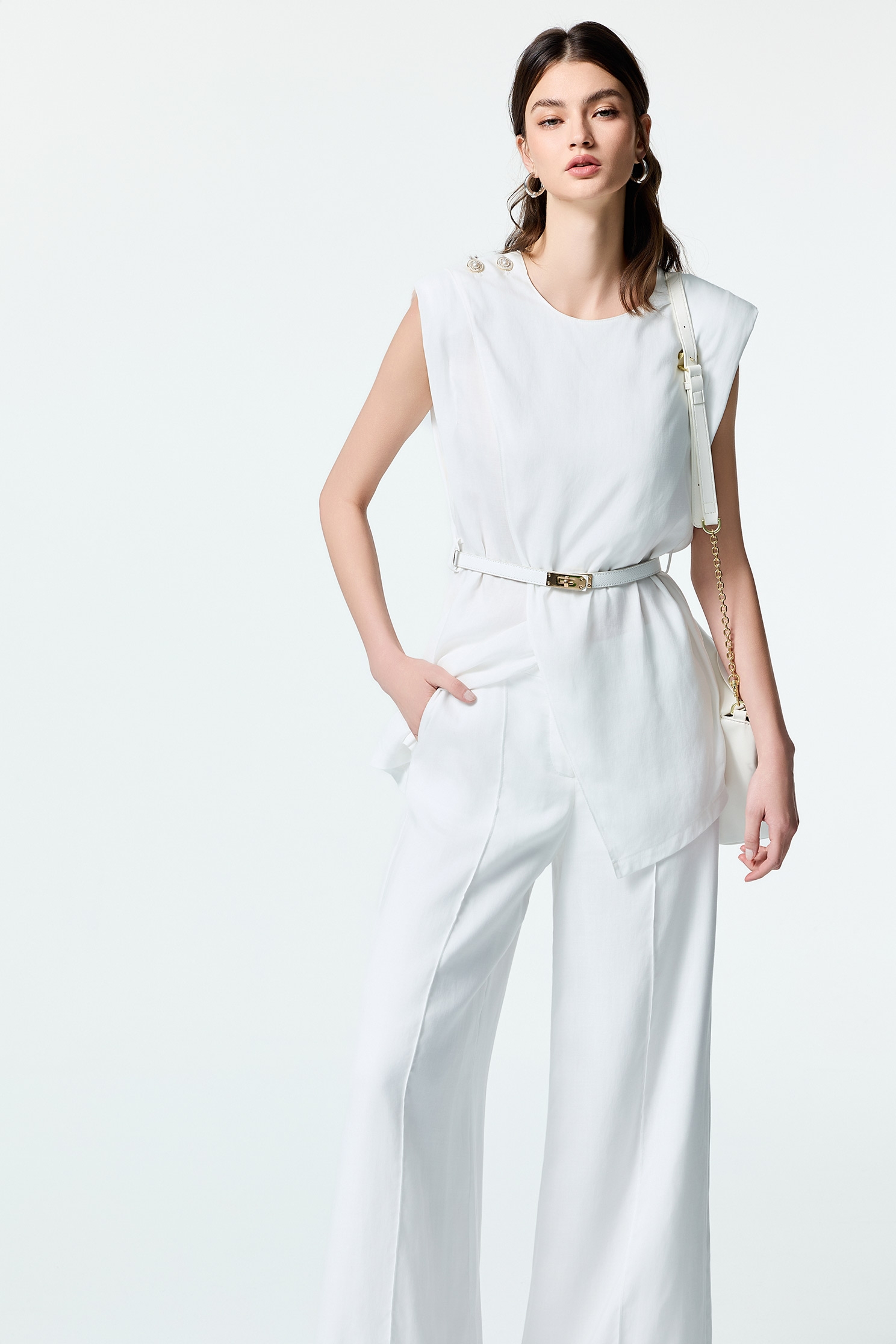 Front Overlap Long VestFront Overlap Long Vest,sleeveless tops,Season (SS) Look,pearl,White tops,Back To Classic,sleeveless tops,Back To B/W