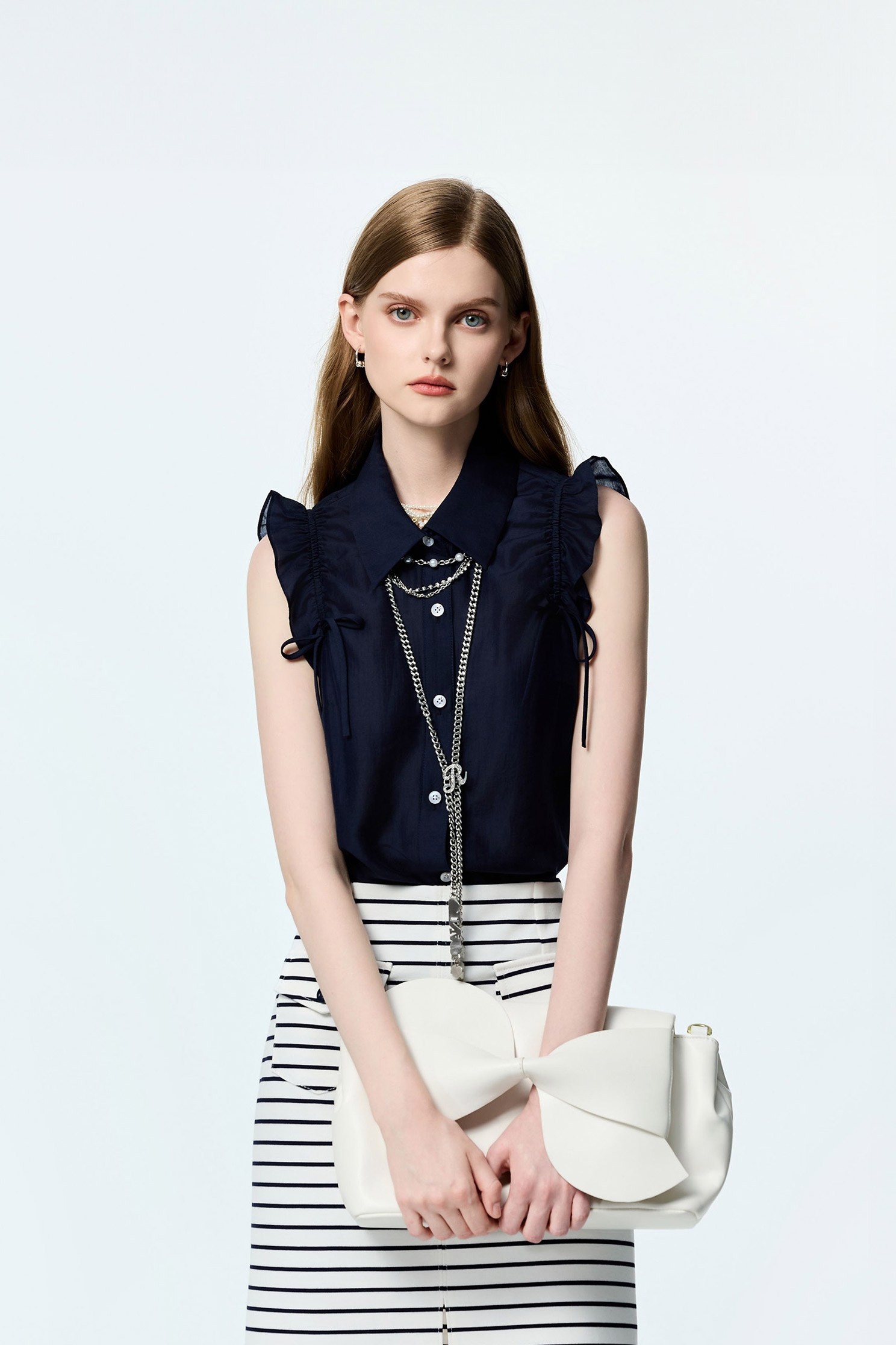 Navy Ruffle Detail VestNavy Ruffle Detail Vest,sleeveless tops,Tops,Season (SS) Look,sleeveless tops,bows,Urban Fashion
