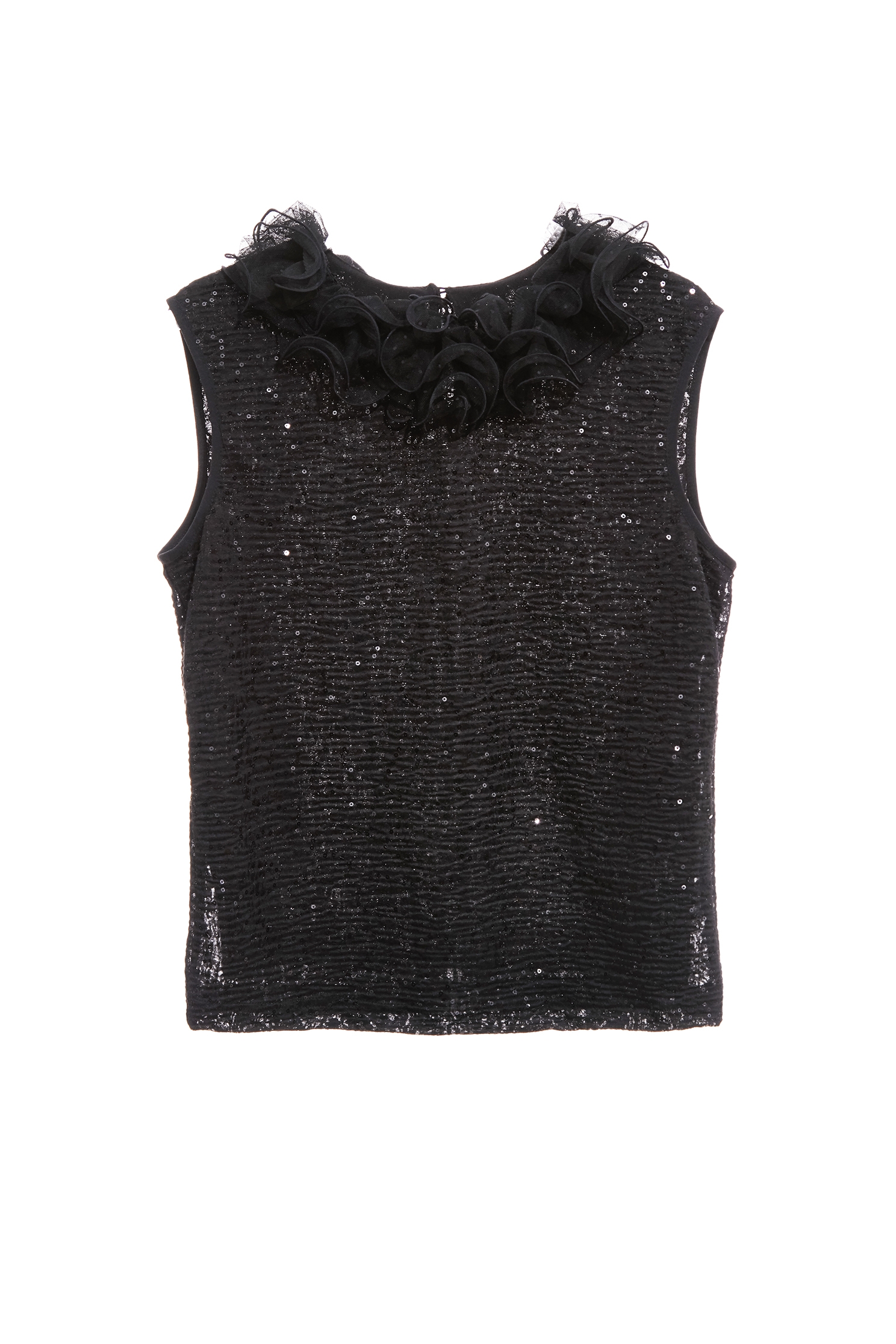 Ruffle Collar Sequin VestRuffle Collar Sequin Vest,sleeveless tops,Season (SS) Look,dotcollection,Mesh fabric,sleeveless tops,Lace,Black tops