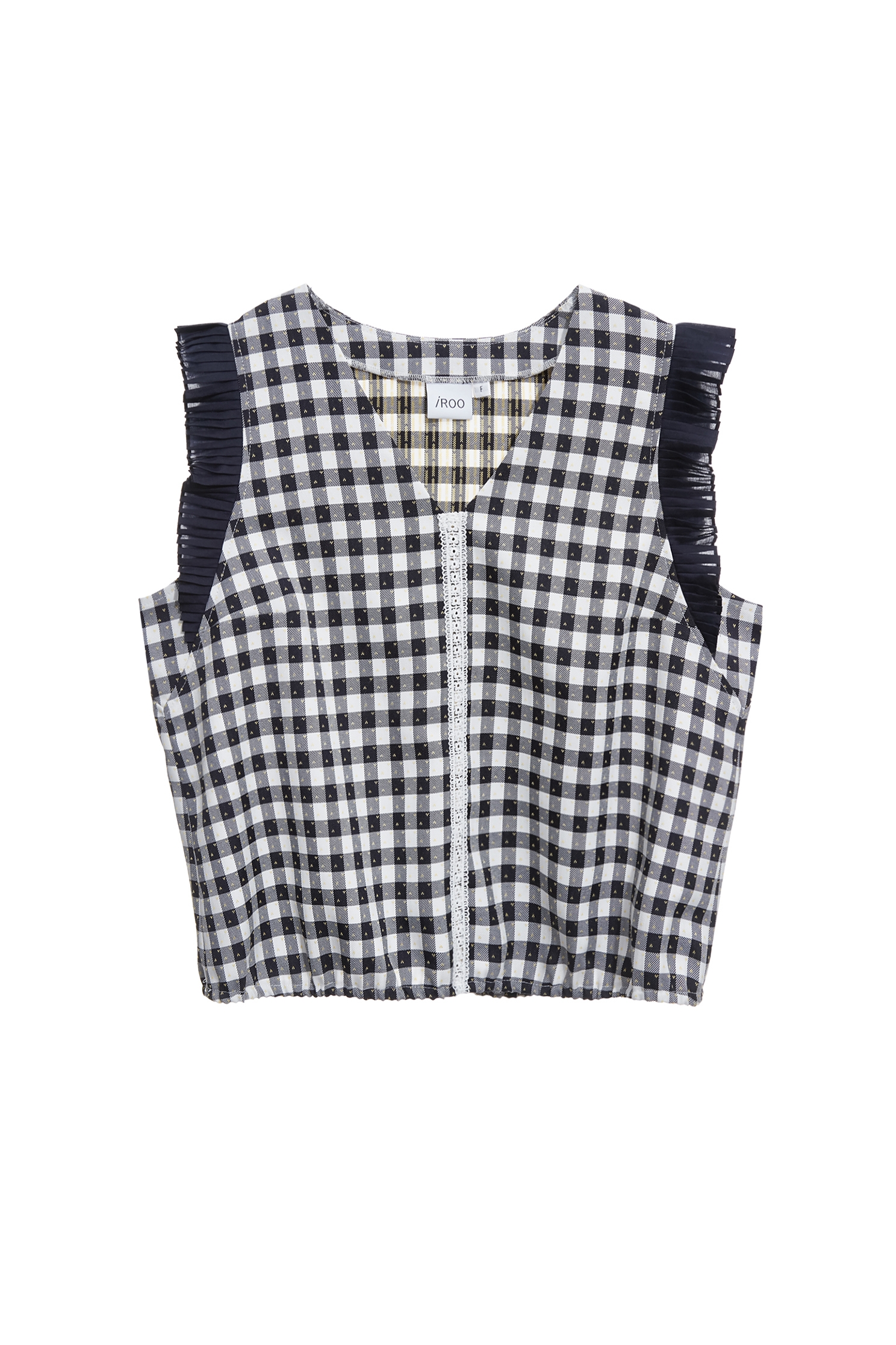 Pleated Ruffle Detail Checkered VestPleated Ruffle Detail Checkered Vest,sleeveless tops,Tops,Season (SS) Look,Plaid,sleeveless tops,Lace