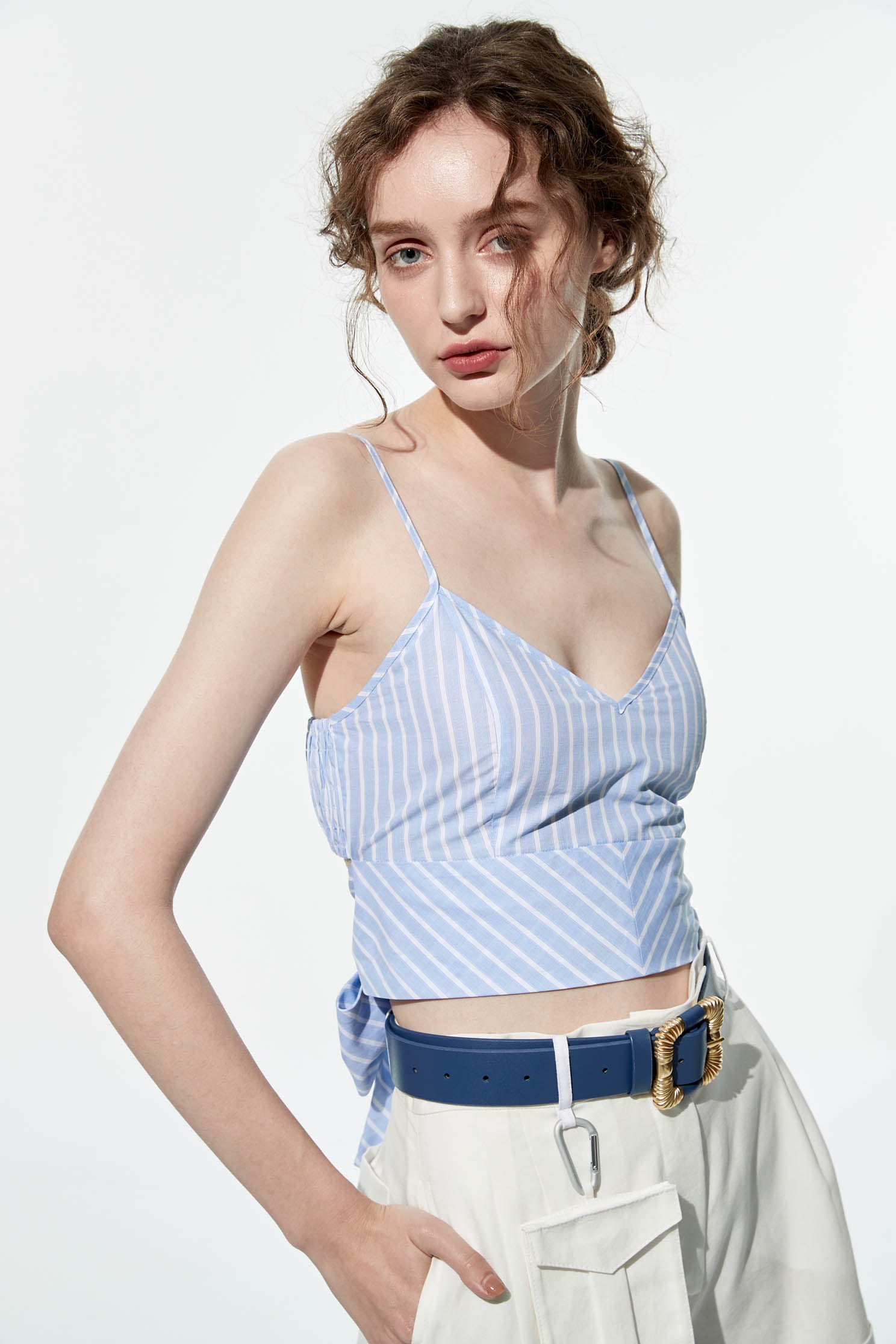 White Stripe Crop Tank TopCrop vest with bow,Queen,Season (SS) Look,Stripe,iROO LIVE,Cotton,sleeveless tops,bows