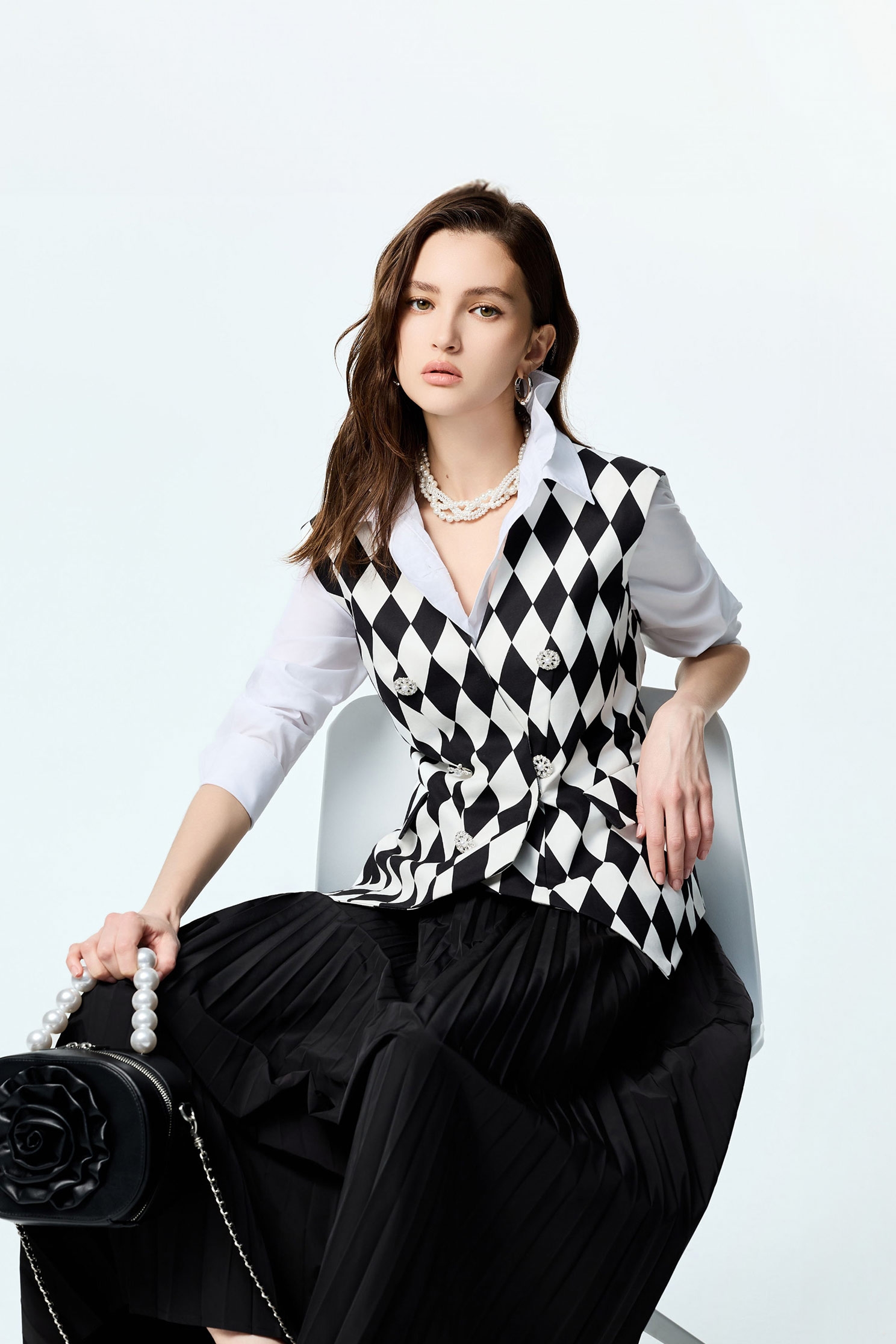 Black White Diamond Print Fitted VestBlack White Diamond Print Fitted Vest,sleeveless tops,Plaid,pearl,Season (AW) Look,sleeveless tops