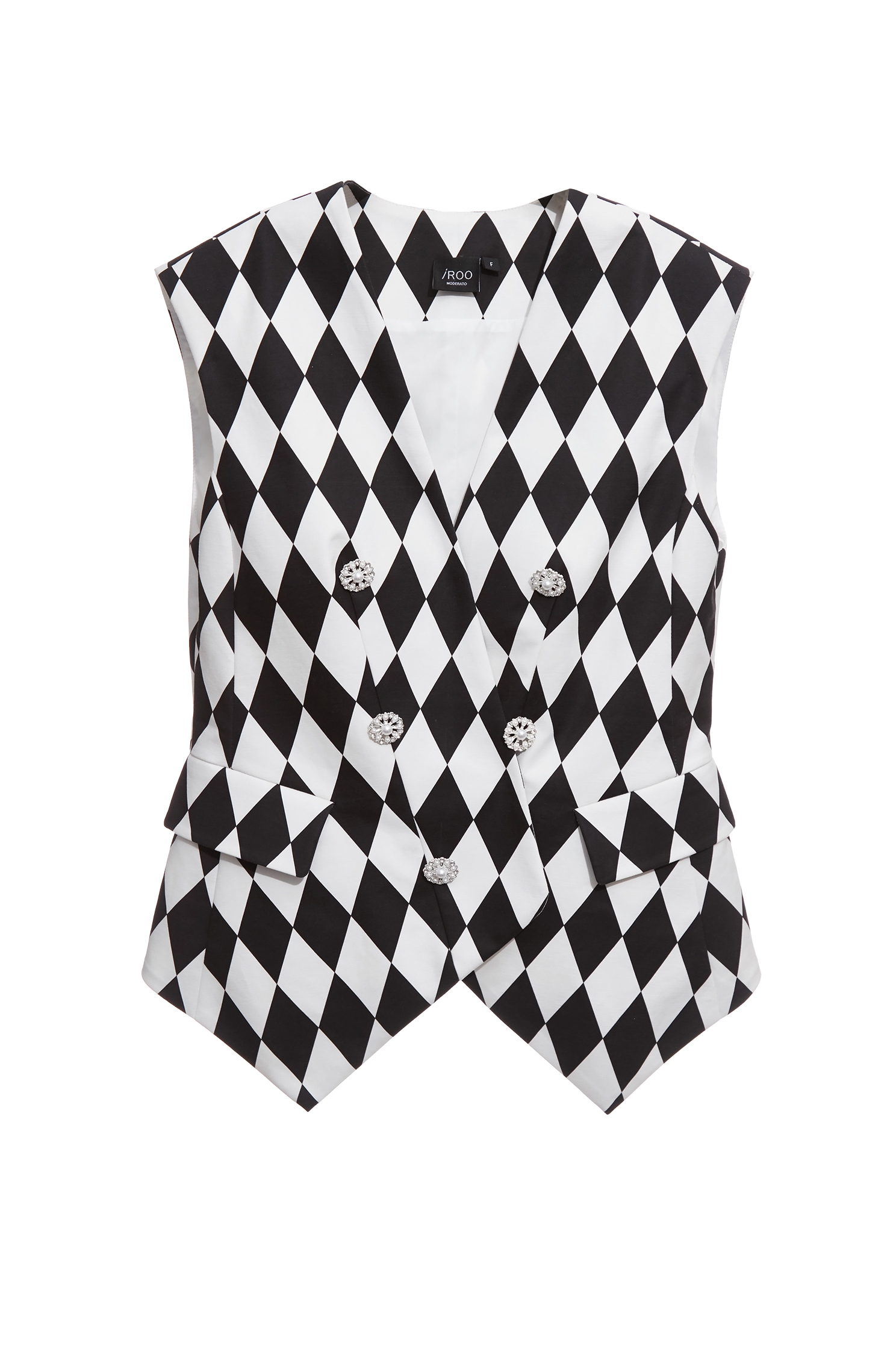 Black White Diamond Print Fitted VestBlack White Diamond Print Fitted Vest,sleeveless tops,Plaid,pearl,Season (AW) Look,sleeveless tops