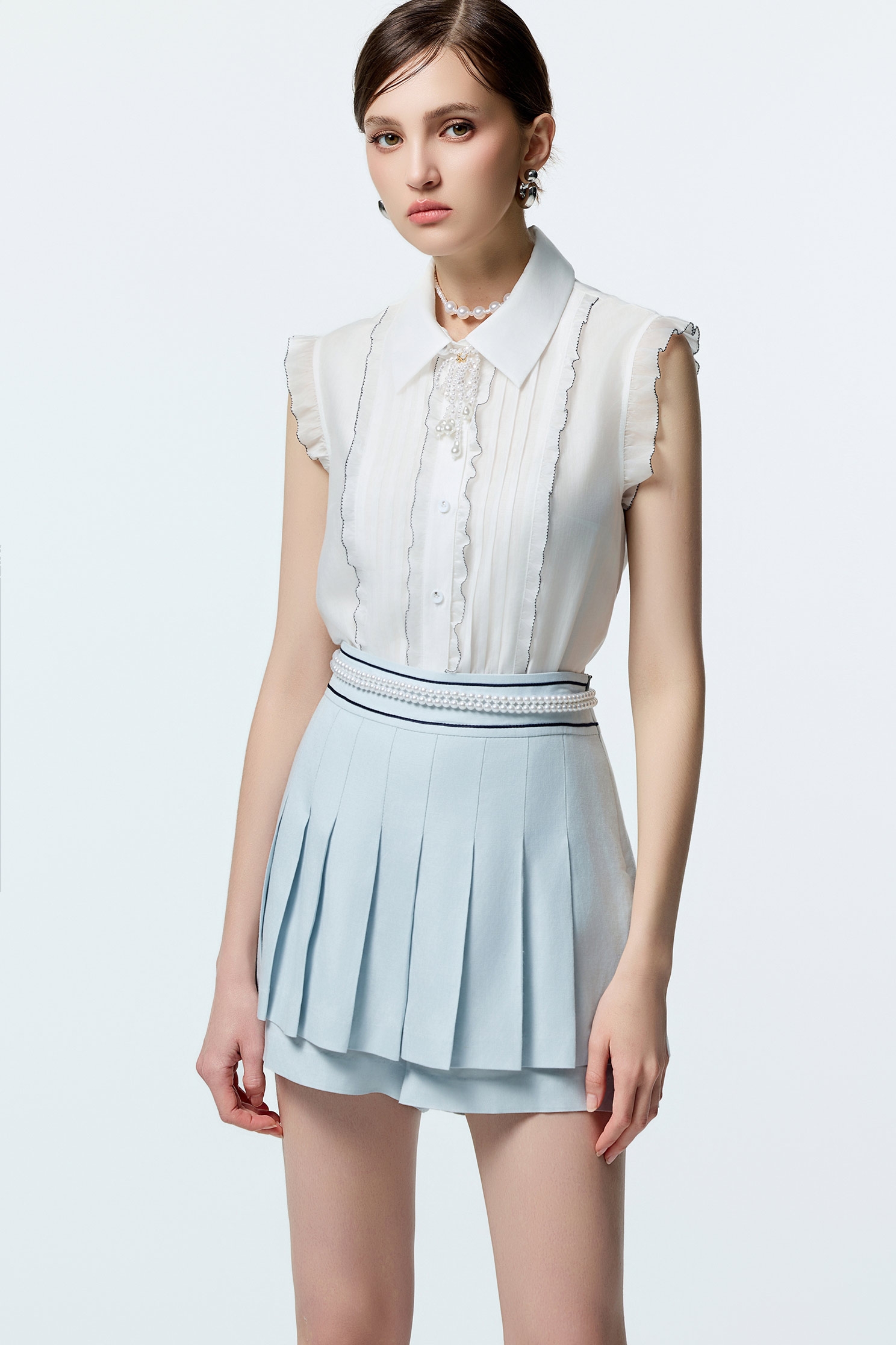 Contrast Navy Trim Ruffle VestContrast Navy Trim Ruffle Vest,sleeveless tops,Tops,Embroidered,sleeveless tops,Season (AW) Look,Valentine,sleeveless tops,upperclass