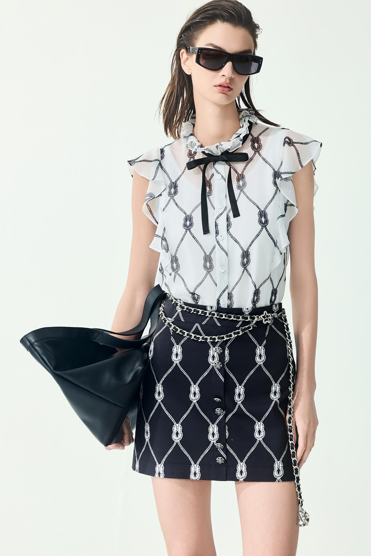French Rope Graphic Print Ruffle Detail VestFrench Rope Graphic Print Ruffle Detail Vest,sleeveless tops,Under shirts,Season (SS) Look,sleeveless tops,bows,Chiffon