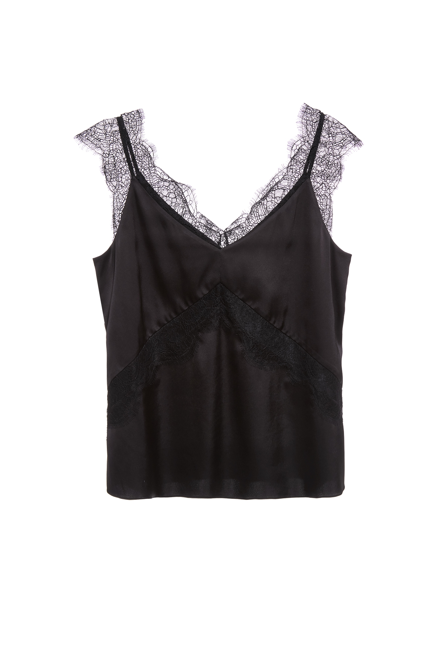 V-neck Lace Detail Satin VestV-neck Lace Detail Satin Vest,sleeveless tops,Season (SS) Look,sleeveless tops,Lace,Black tops