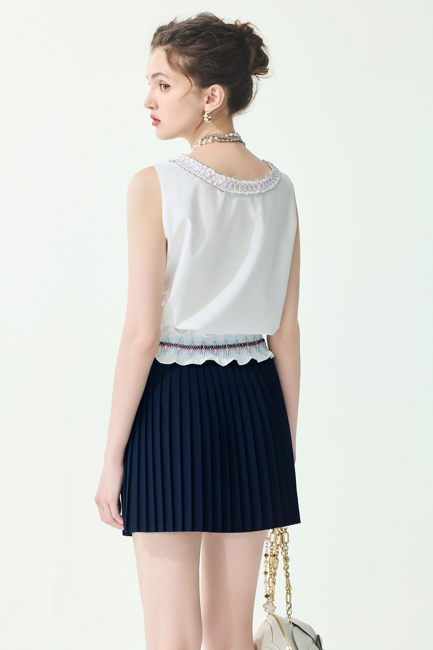 Multi Colour Embroidery Pleated Detail Vest,sleeveless tops,Tops,Embroidered,Season (SS) Look,White tops,sleeveless tops