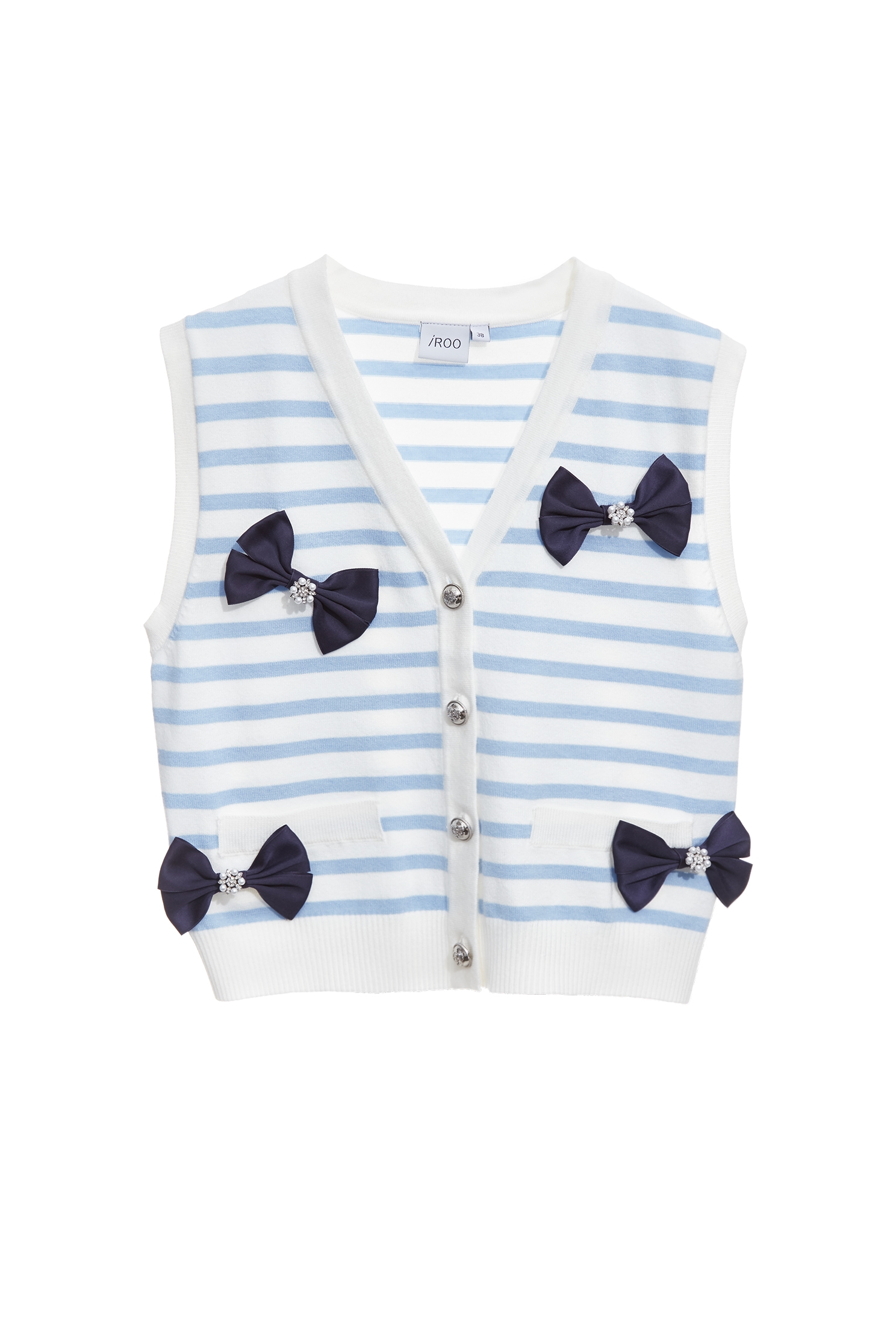 Bow Applique Stripe Knit Vest,sleeveless tops,Tops,Season (SS) Look,sleeveless tops,bows,Knitted,Knitted tops