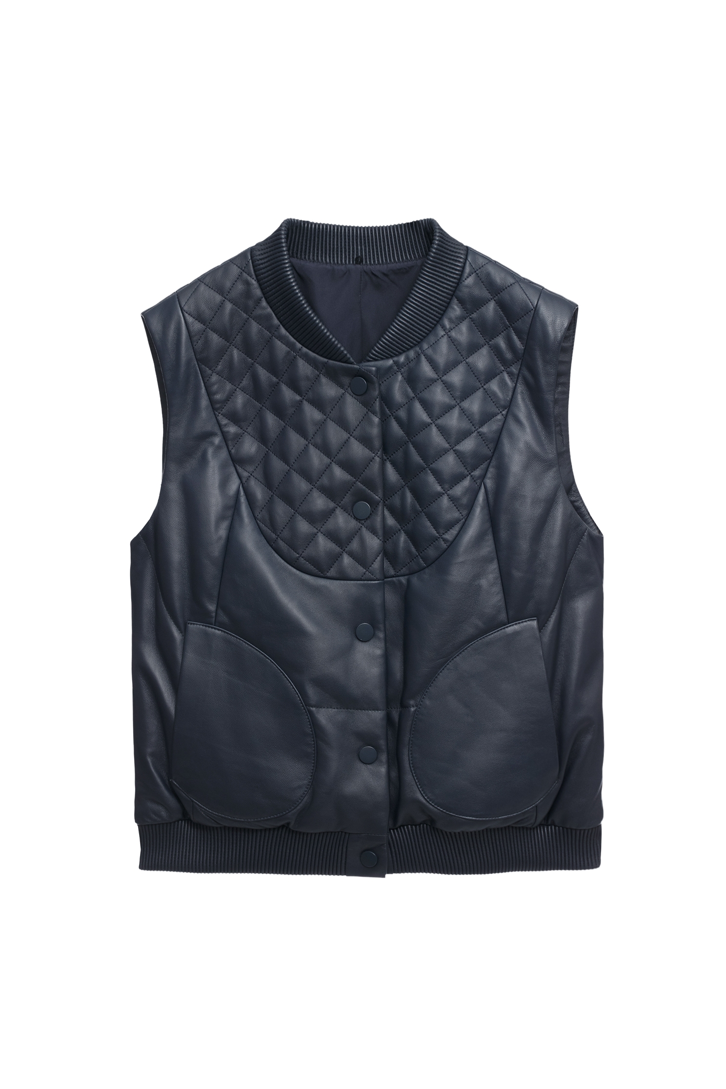 Front Button Navy Leather VestFront Button Navy Leather Vest,sleeveless tops,Outerwear,sleeveless tops,Leather,Season (AW) Look,sleeveless tops
