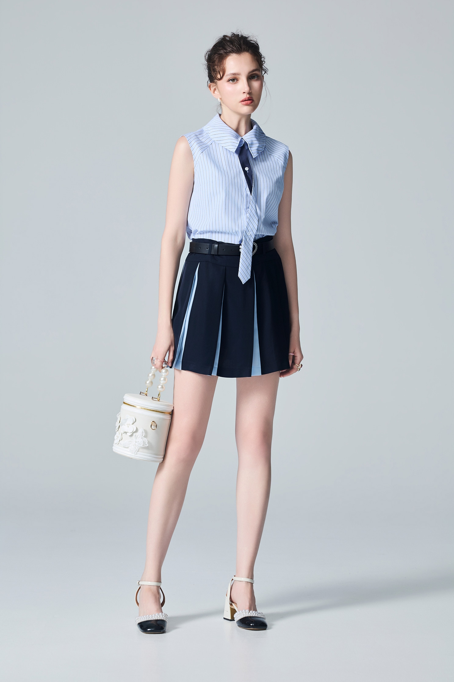 Ice Blue Stripe Neck Tie Style VestIce Blue Stripe Neck Tie Style Vest,sleeveless tops,Tops,Season (AW) Look,sleeveless tops