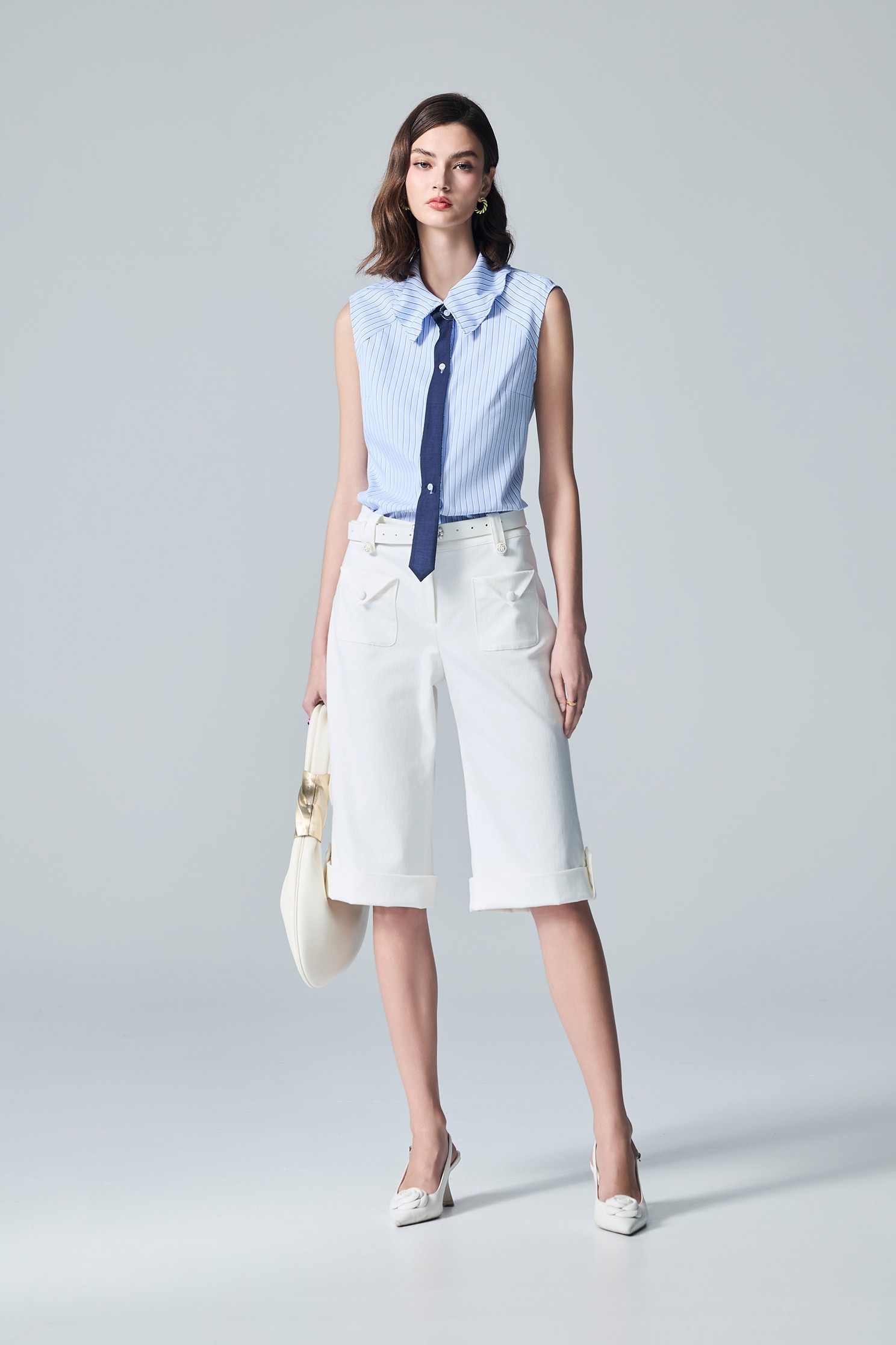 Ice Blue Stripe Neck Tie Style VestIce Blue Stripe Neck Tie Style Vest,sleeveless tops,Tops,Season (AW) Look,sleeveless tops