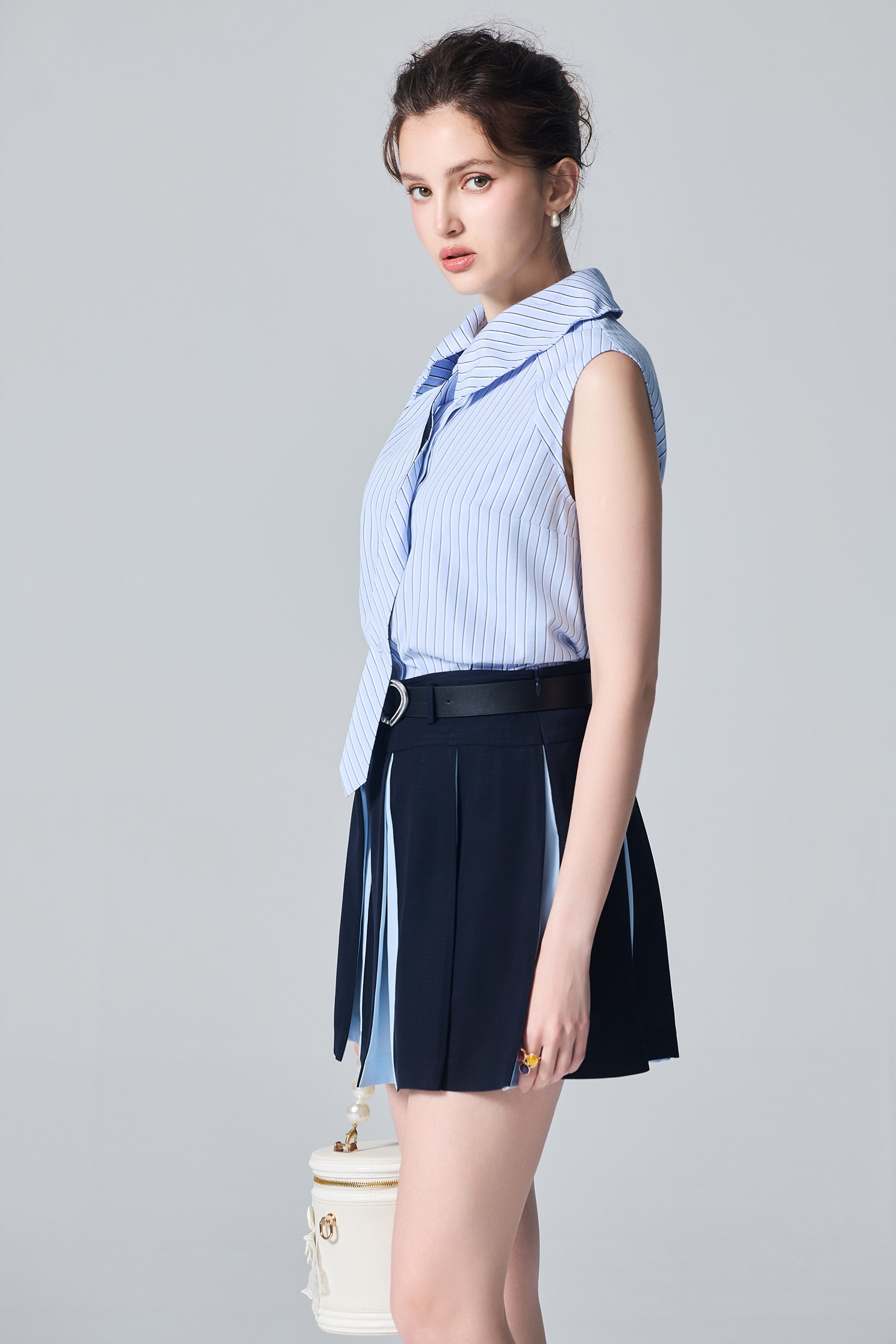 Ice Blue Stripe Neck Tie Style VestIce Blue Stripe Neck Tie Style Vest,sleeveless tops,Tops,Season (AW) Look,sleeveless tops