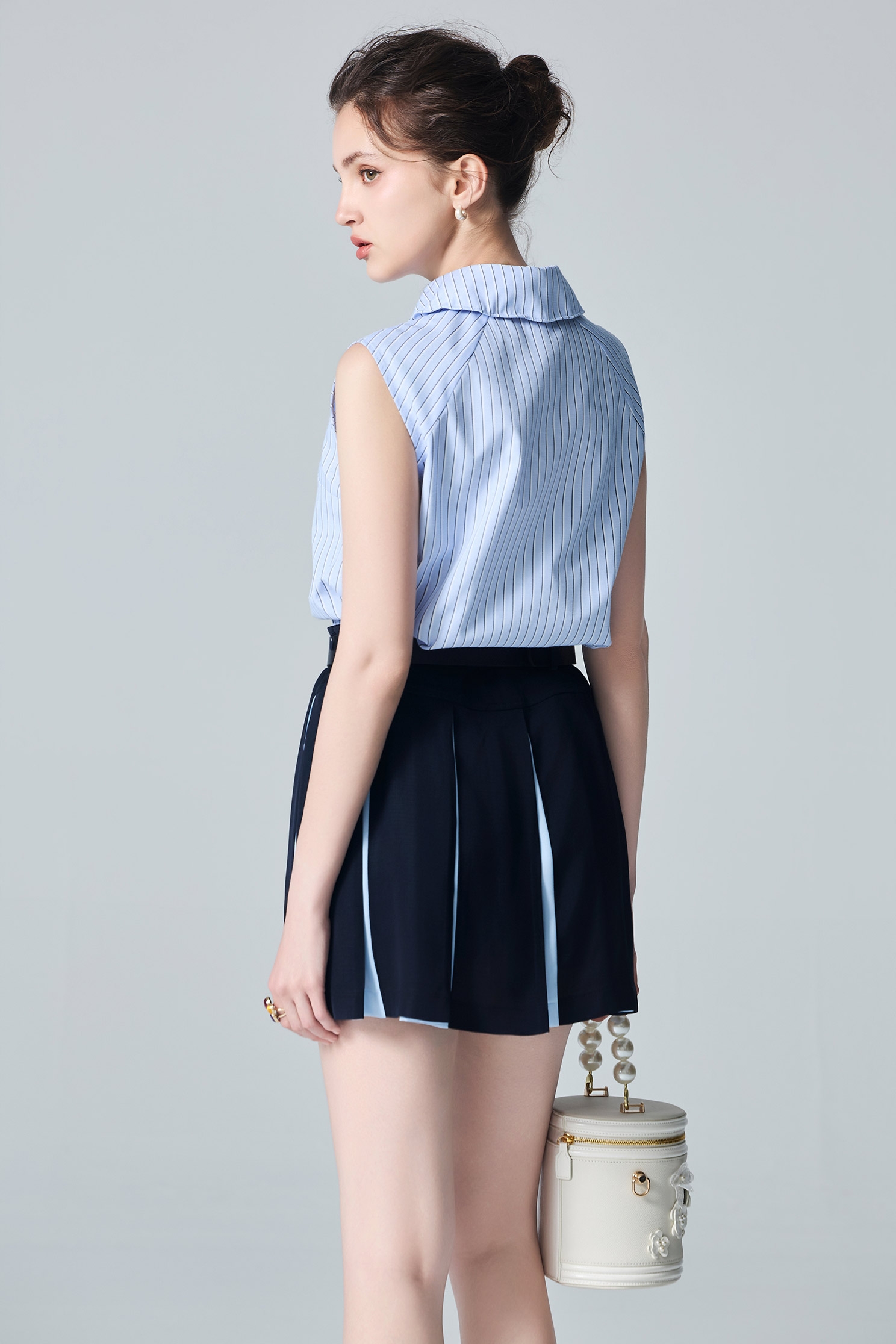 Ice Blue Stripe Neck Tie Style VestIce Blue Stripe Neck Tie Style Vest,sleeveless tops,Tops,Season (AW) Look,sleeveless tops