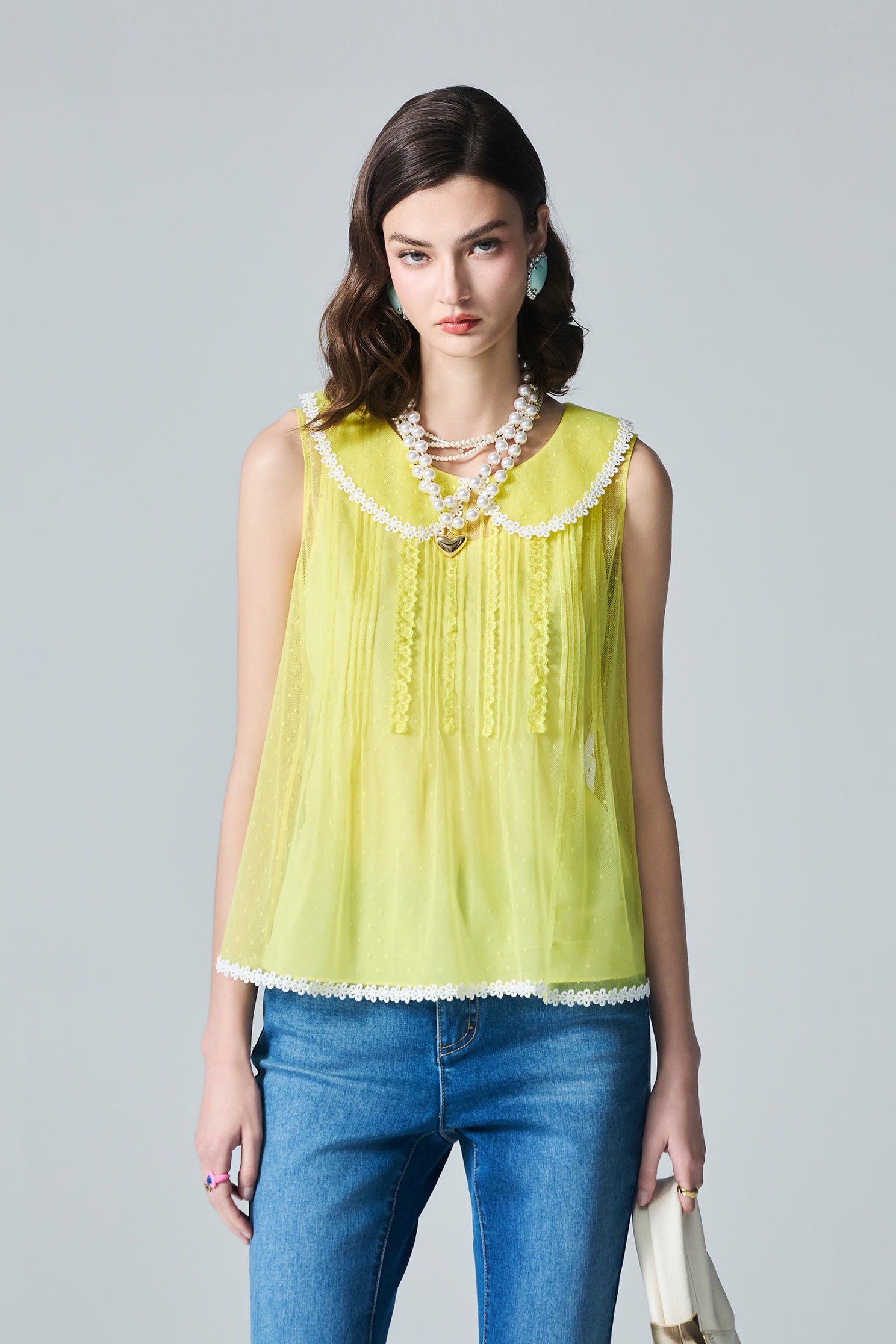 Floral Lace Trim Detail Mesh VestFloral Lace Trim Detail Mesh Vest,sleeveless tops,Tops,Season (AW) Look,Mesh fabric,sleeveless tops,Lace