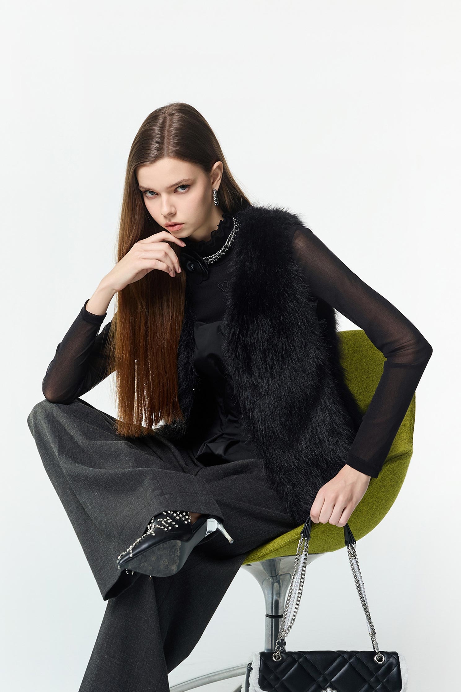 V-neck Faux Fur Black VestV-neck Faux Fur Black Vest,sleeveless tops,Office Looks,Season (AW) Look,Valentine,sleeveless tops