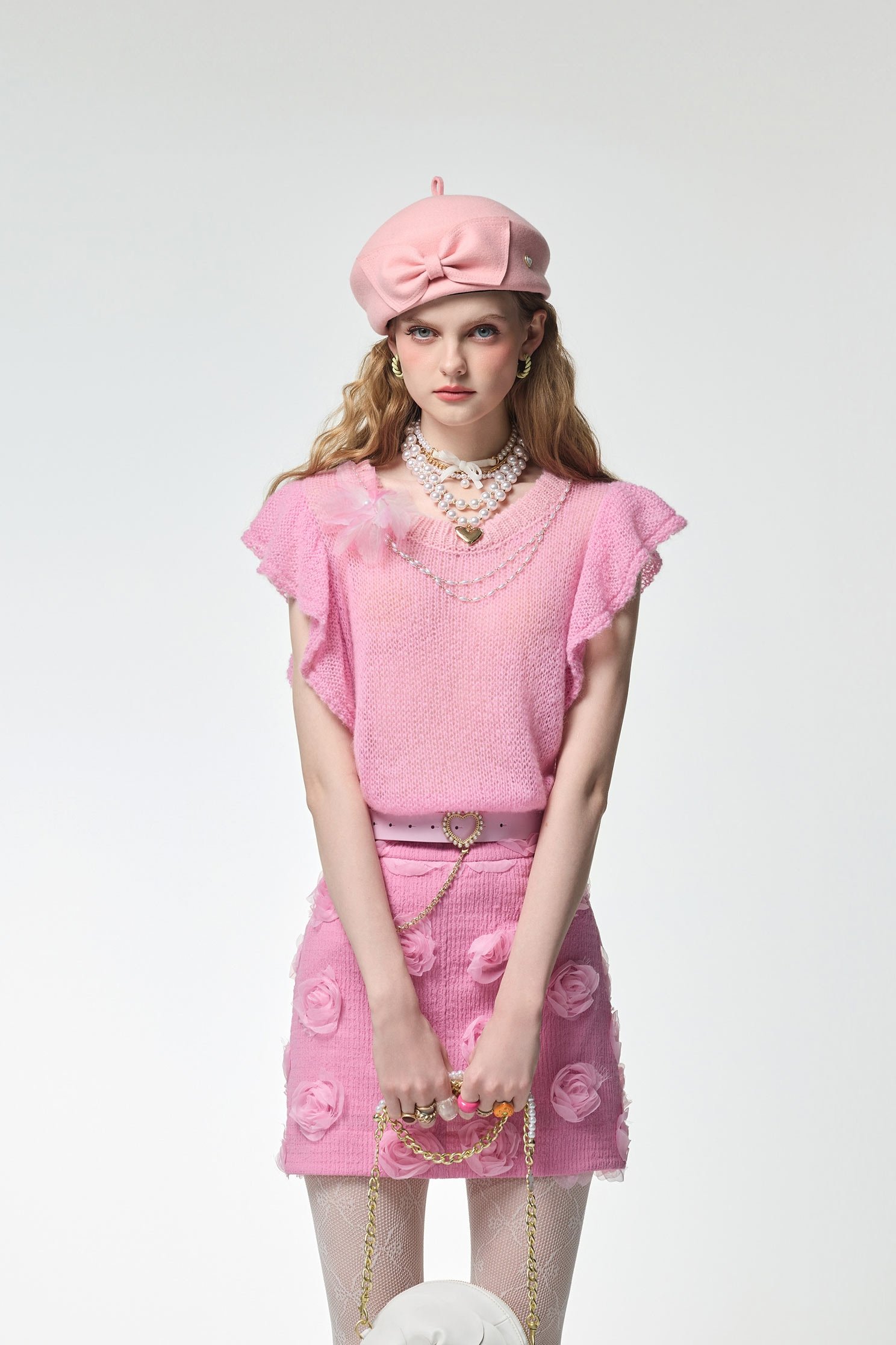 Ruffle Detail Pink Knit VestRuffle Detail Pink Knit Vest,sleeveless tops,Tops,pearl,Season (AW) Look,sleeveless tops,Knitted,Knitted tops,Necklaces