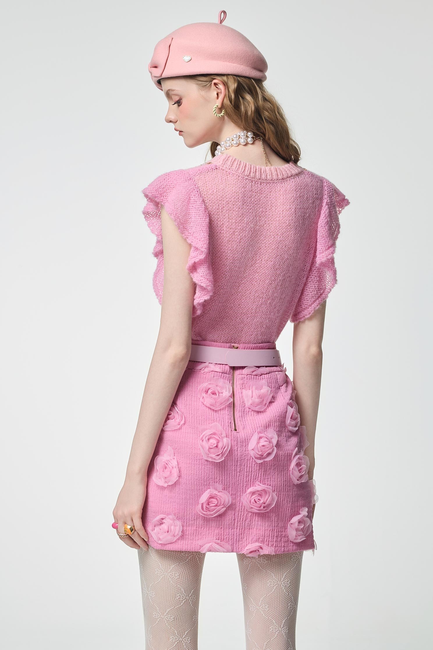 Ruffle Detail Pink Knit VestRuffle Detail Pink Knit Vest,sleeveless tops,Tops,pearl,Season (AW) Look,sleeveless tops,Knitted,Knitted tops,Necklaces