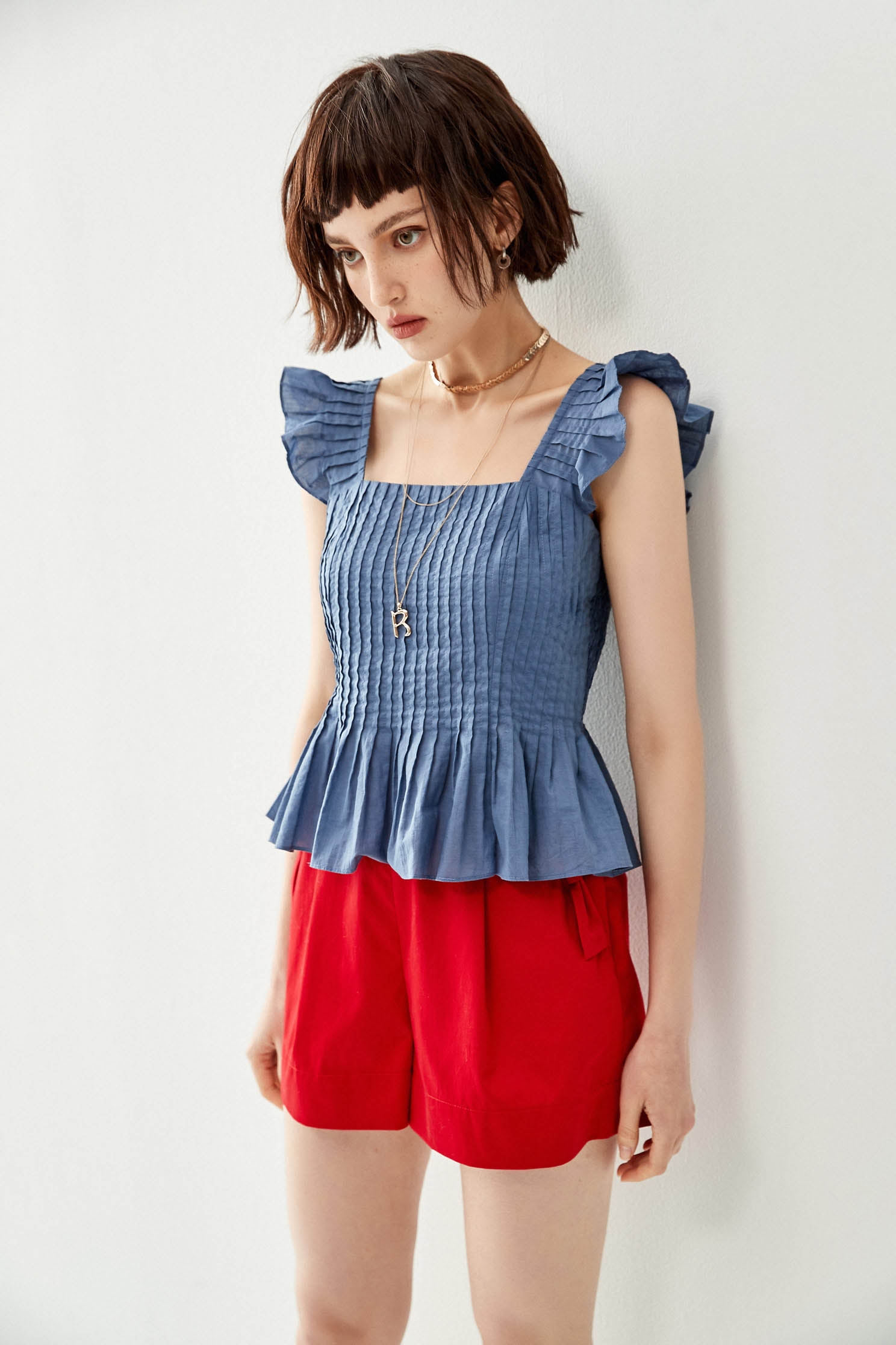 Peplum Square Neck Shirring VestPleated top,sleeveless tops,Tops,Season (SS) Look