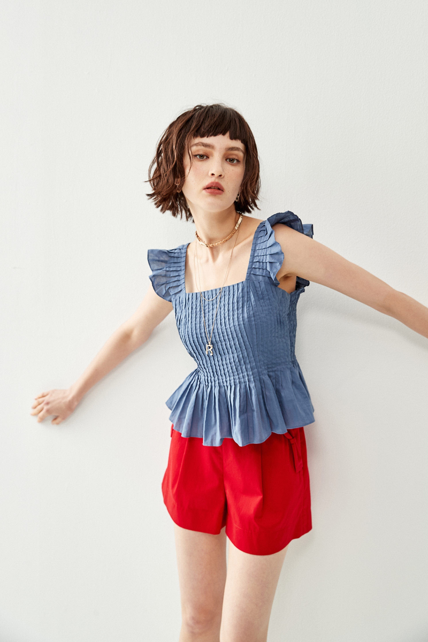 Peplum Square Neck Shirring VestPleated top,sleeveless tops,Tops,Season (SS) Look