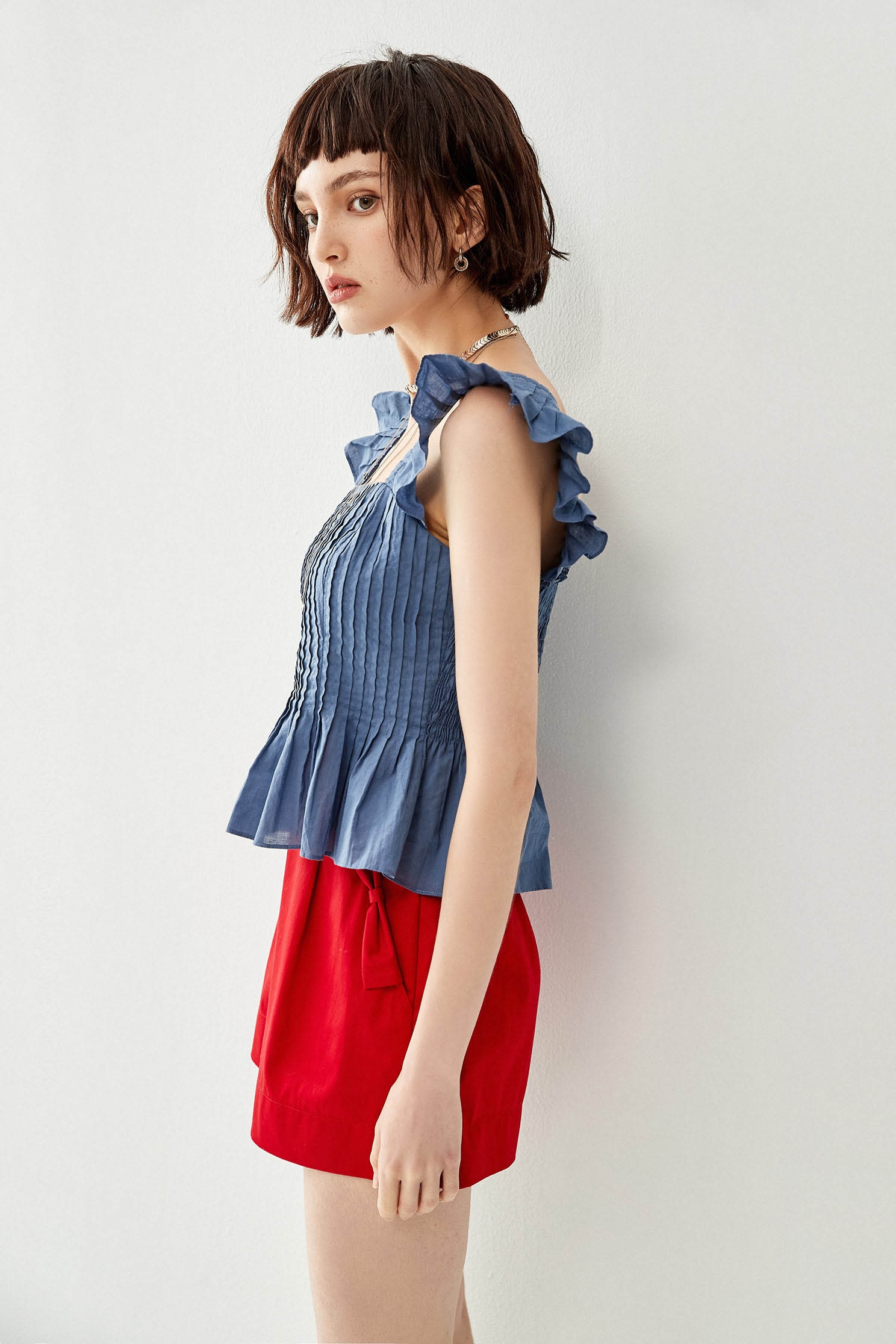 Peplum Square Neck Shirring VestPleated top,sleeveless tops,Tops,Season (SS) Look