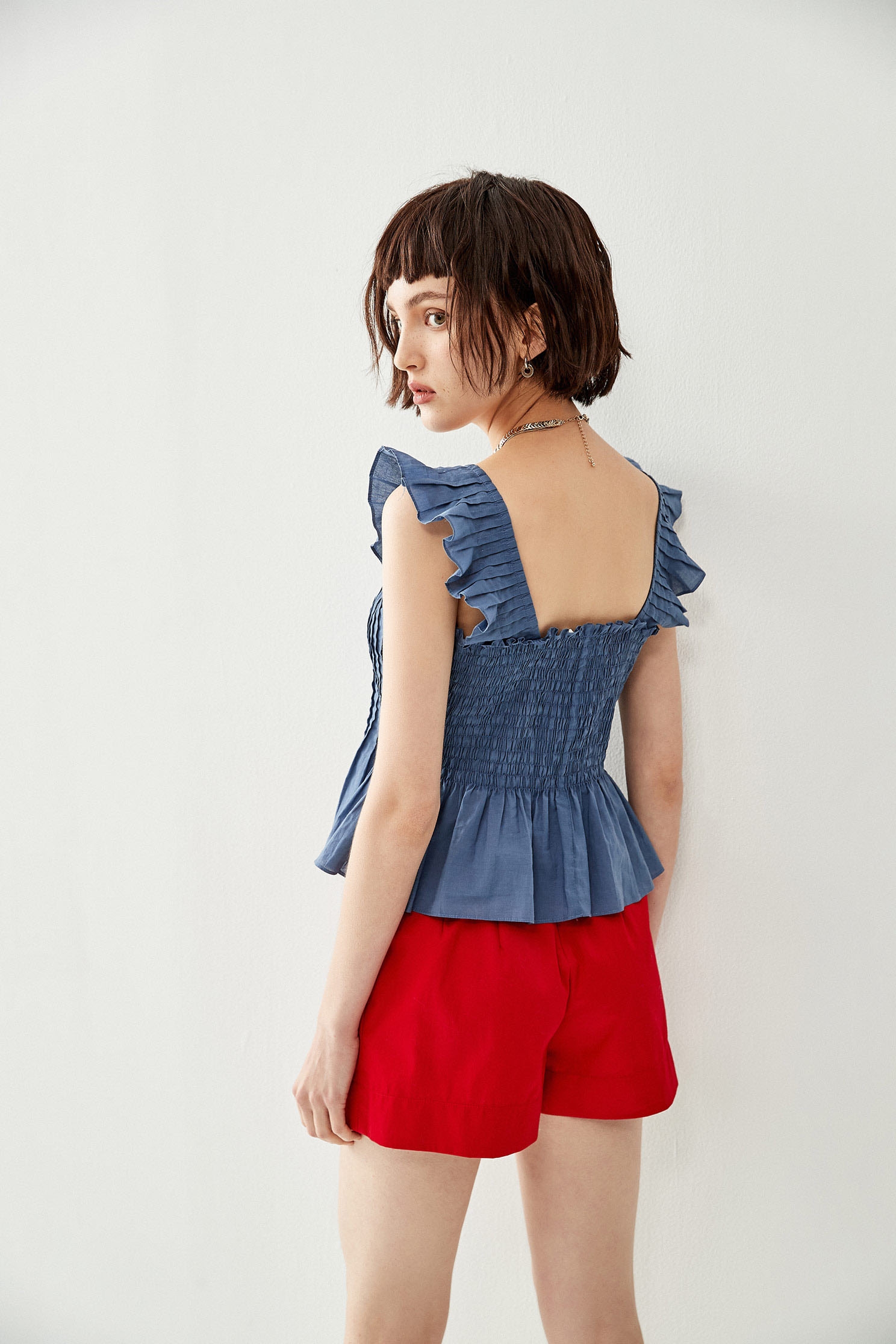 Peplum Square Neck Shirring VestPleated top,sleeveless tops,Tops,Season (SS) Look