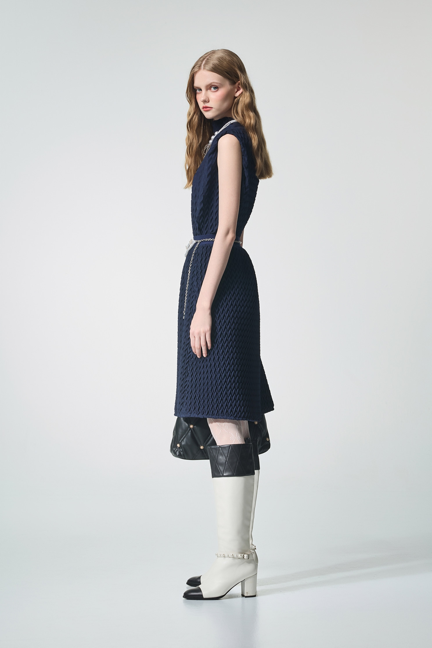 Navy Textured Pleats Turtleneck VestNavy Textured Pleats Turtleneck Vest,sleeveless tops,Tops,Season (AW) Look,sleeveless tops