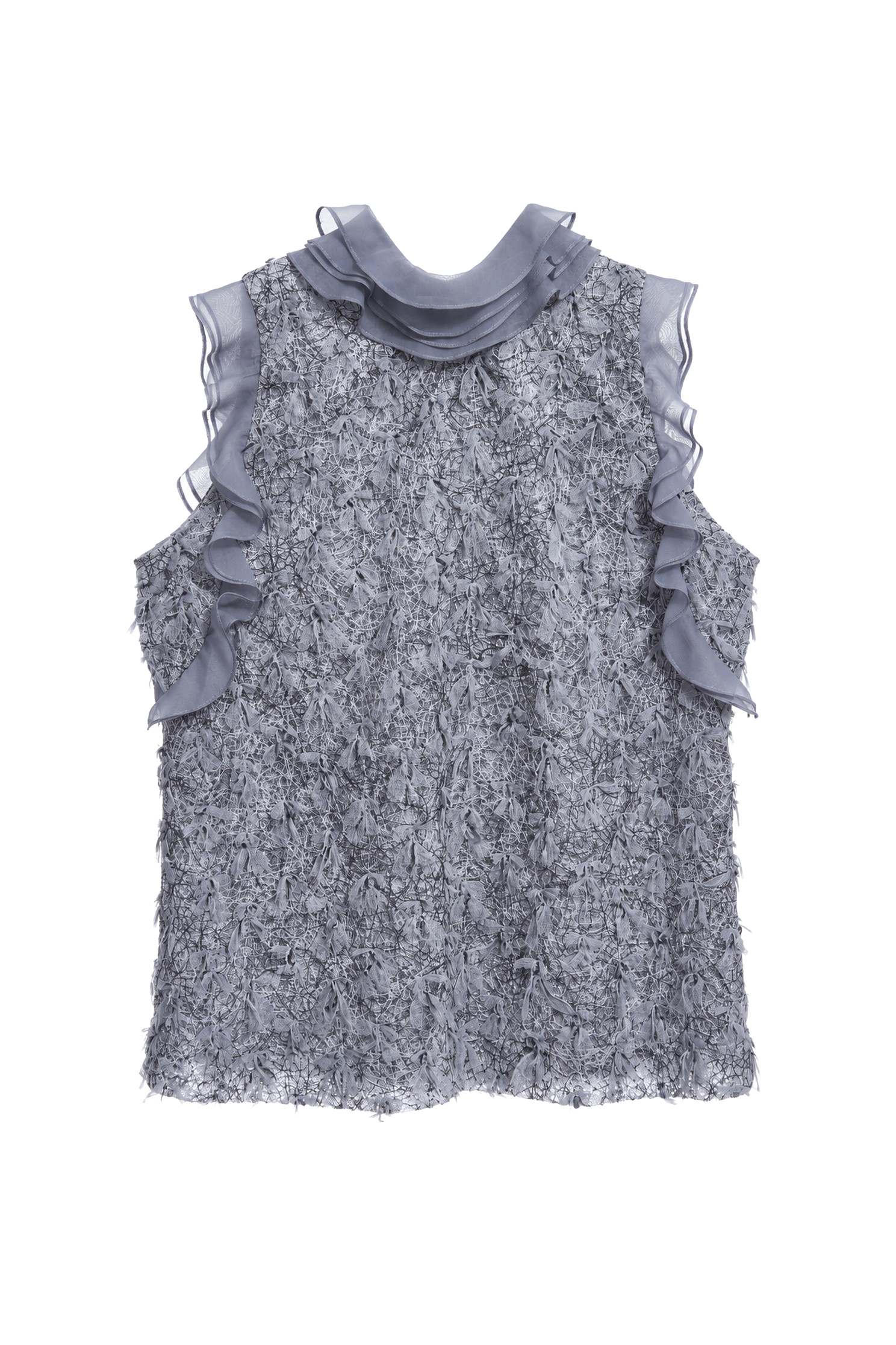 Organza Ruffle Mesh Texture VestOrganza Ruffle Mesh Texture Vest,T-shirts,sleeveless tops,Tops,Season (AW) Look,sleeveless tops,Lace tops,Knitted