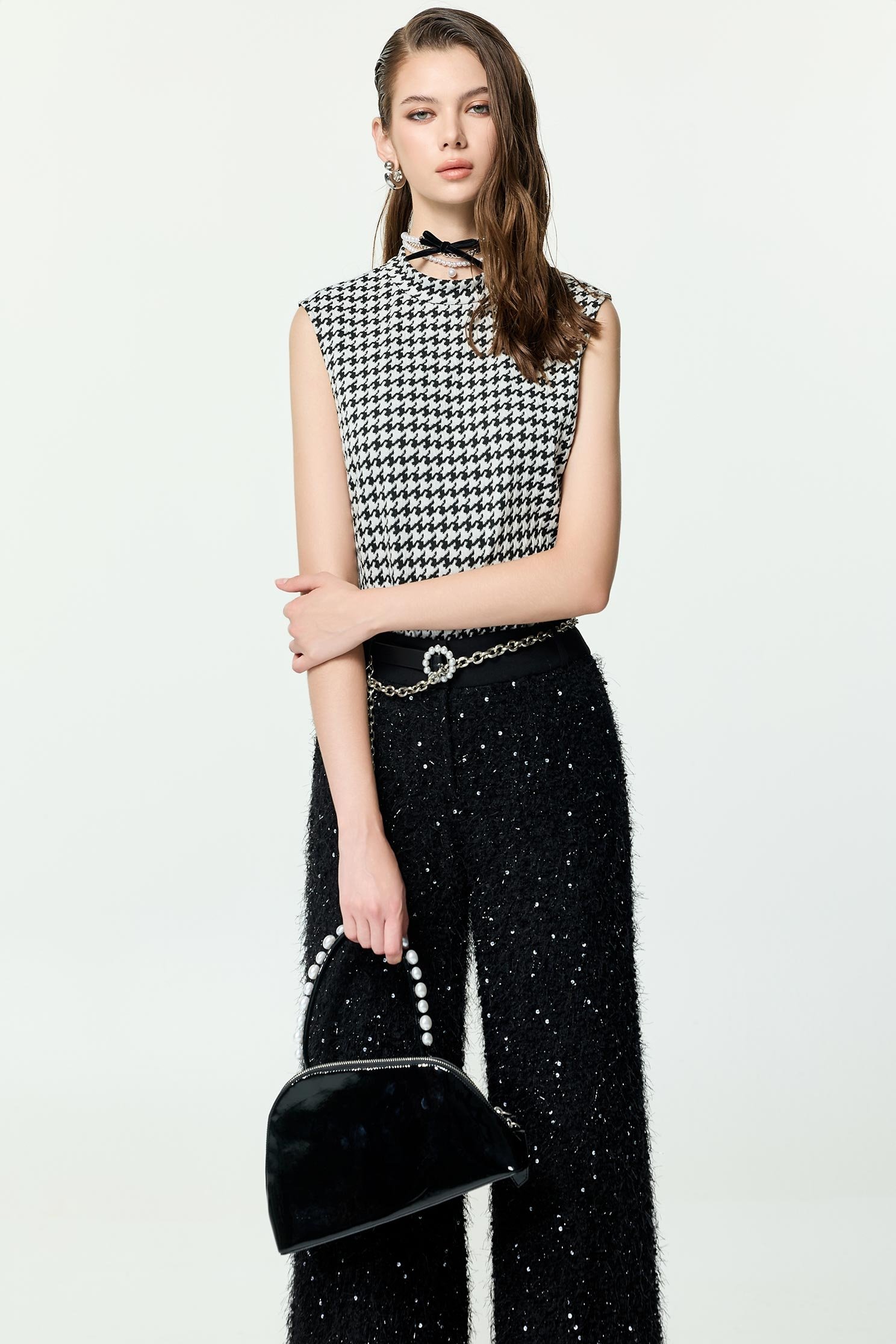 Houndstooth Stand Collar VestHoundstooth Stand Collar Vest,sleeveless tops,Season (AW) Look,sleeveless tops